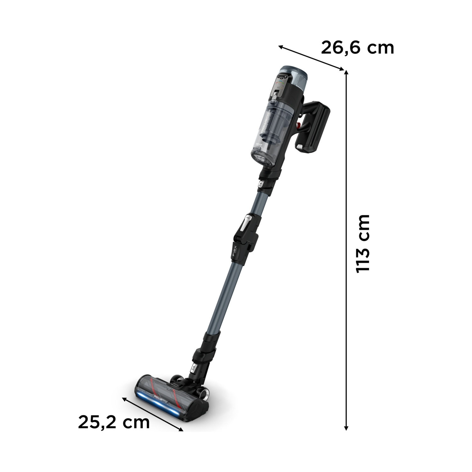 Una aspiradora inalámbrica negra y gris con dimensiones. 113cm de alto, 26,6cm de ancho.