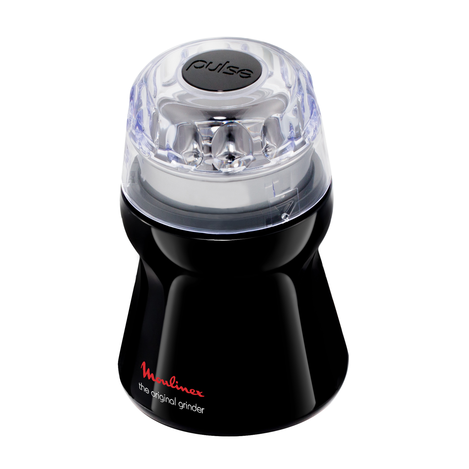 Zwarte Moulinex grinder met transparante deksel en pulse-knop. De originele grinder.