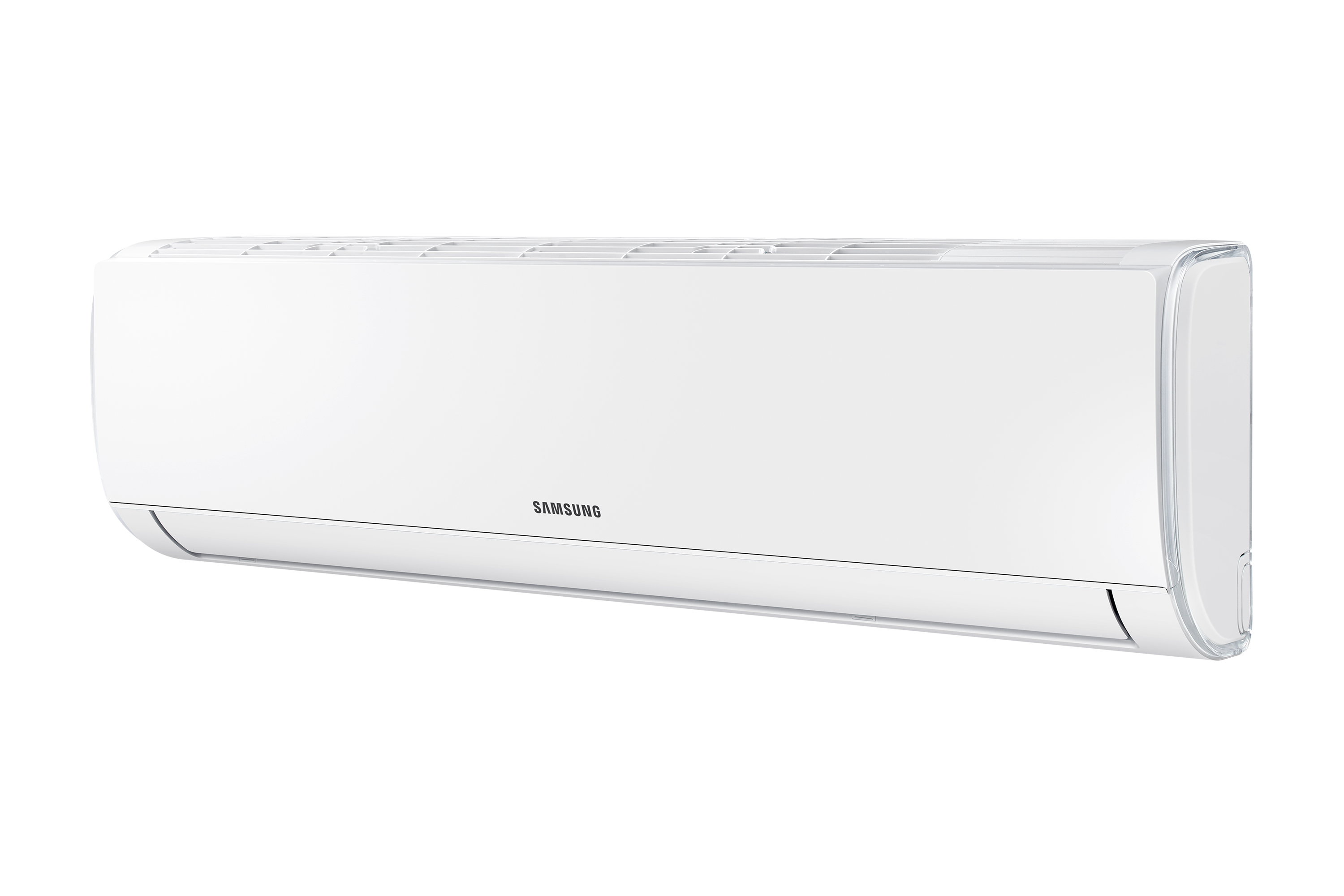 Unità di aria condizionata Samsung bianca montata su sfondo bianco.