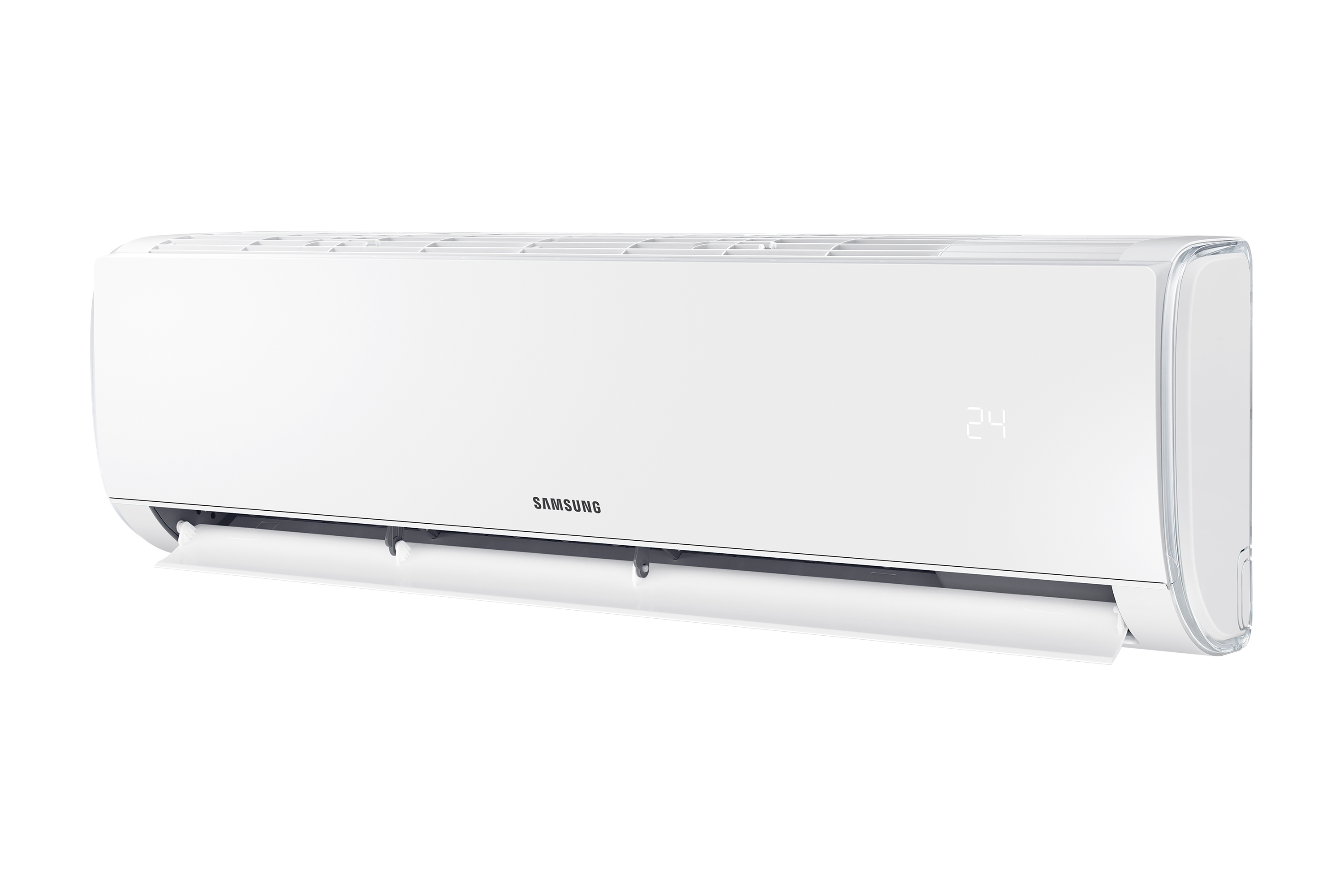 Un condizionatore Samsung bianco con display digitale a 24 gradi.