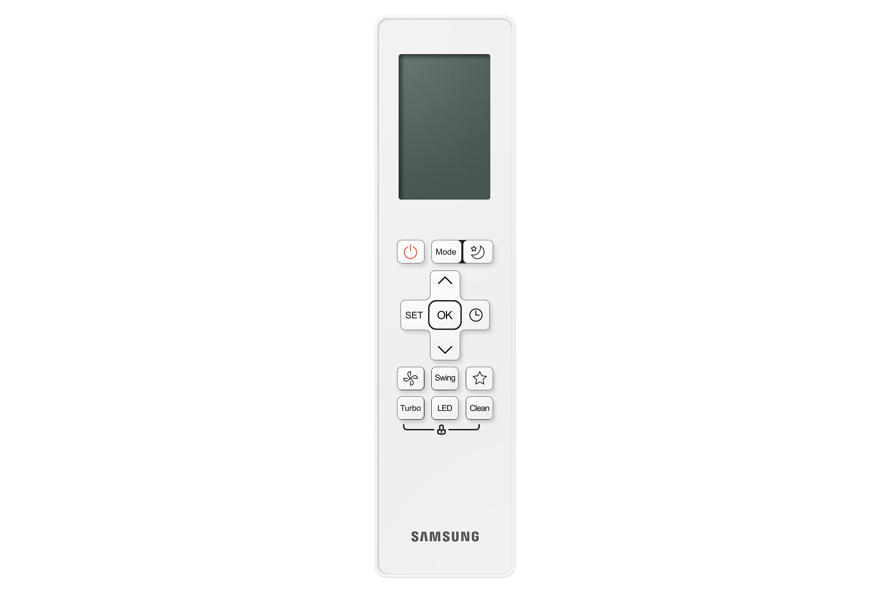 Telecomando Samsung bianco con schermo e pulsanti per modalità, set, OK, swing, turbo, LED, pulizia.