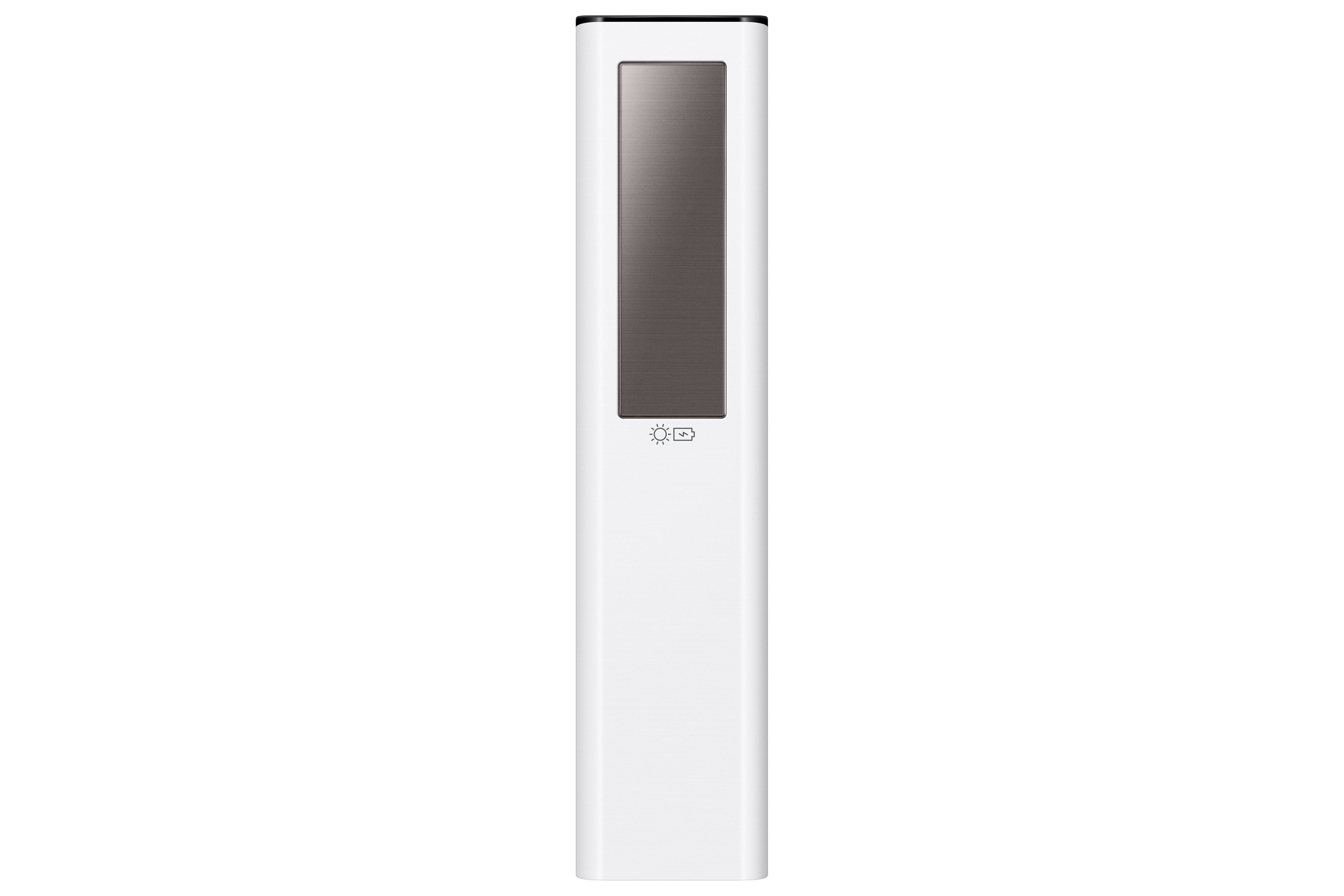 Un elegante telecomando bianco con un pannello rettangolare scuro in alto.