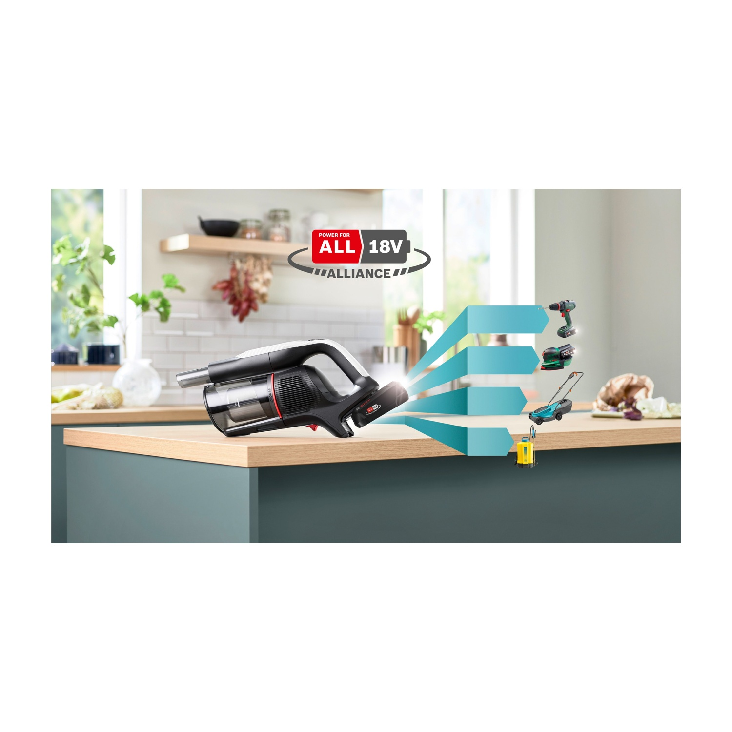 Akku-Staubsauger mit 18V Akku-Allianz, verbunden mit Bohrer, Schleifer, Mäher.