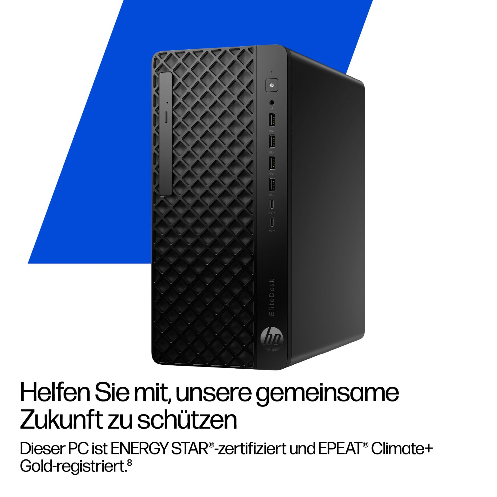Czarny komputer HP EliteDesk na niebiesko-białym tle.