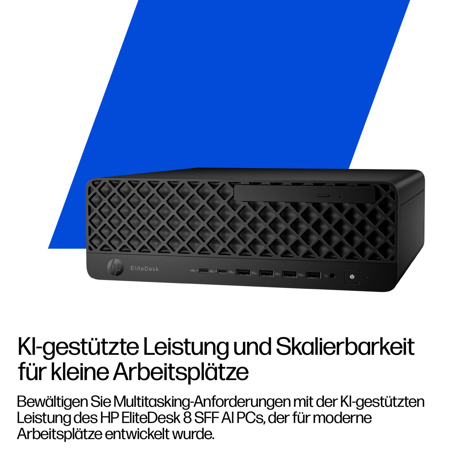Czarny komputer HP EliteDesk na niebiesko-białym tle.