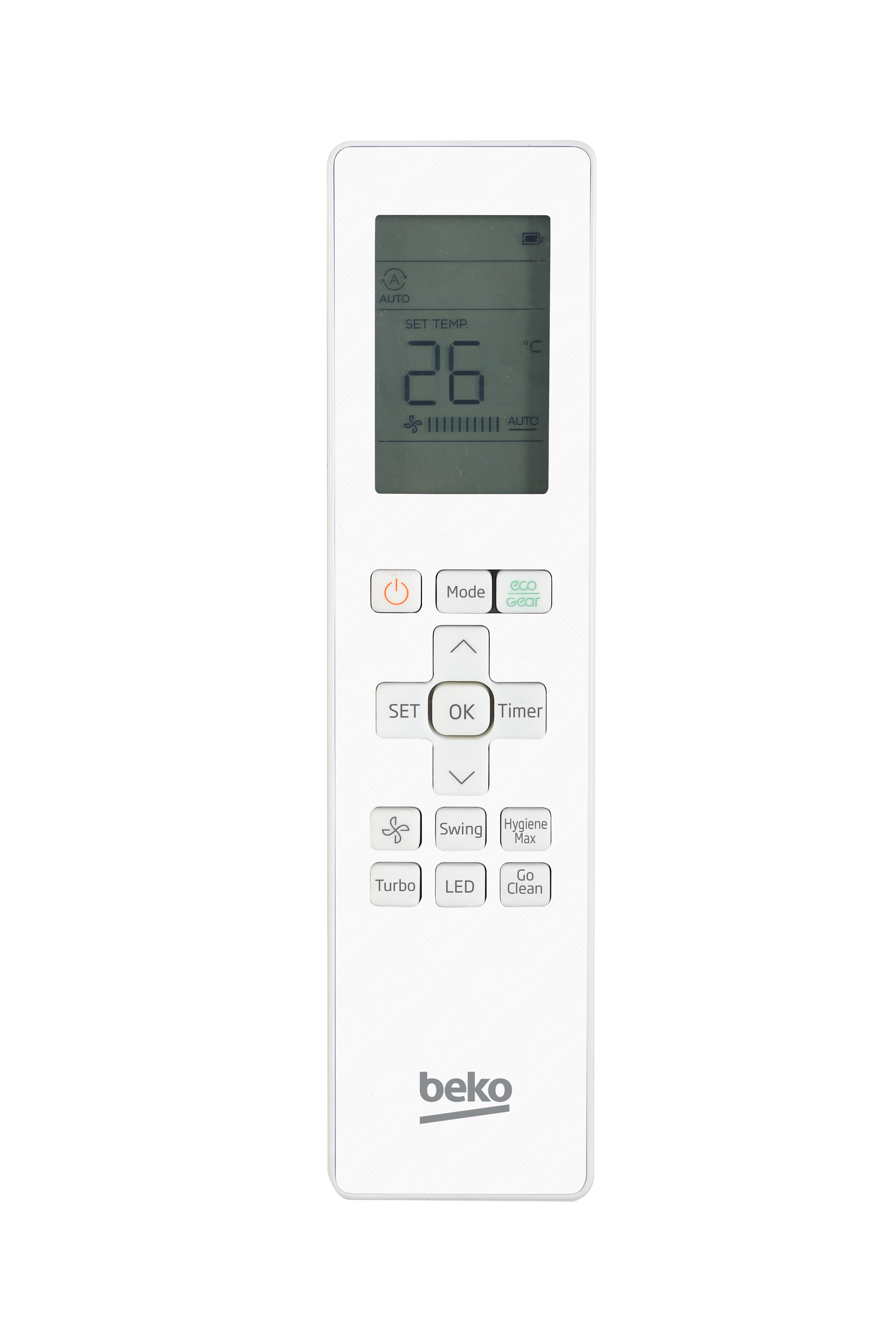 Telecomando Beko bianco con display LCD che mostra 26 gradi.