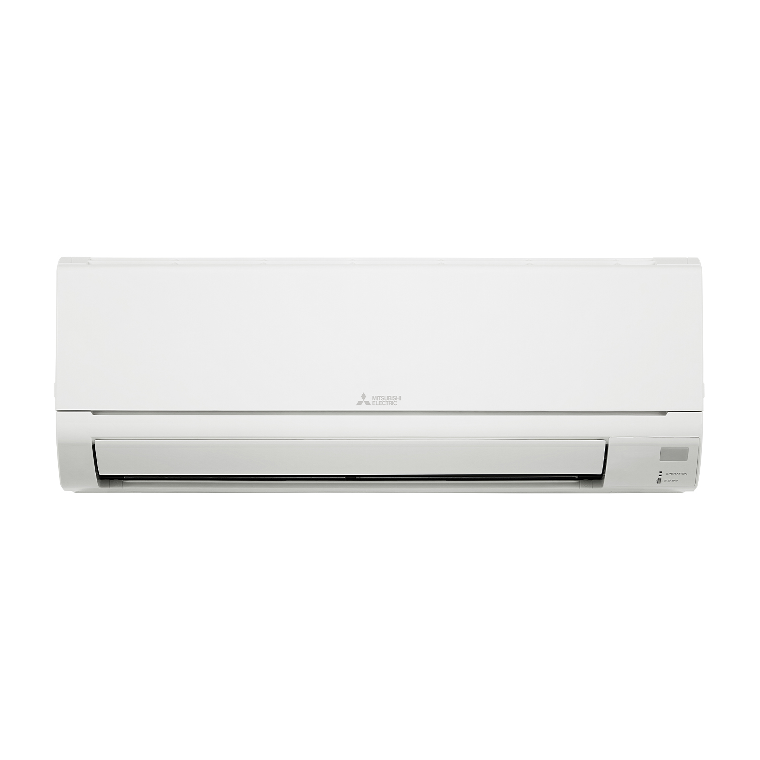 Un condizionatore bianco con logo Mitsubishi Electric, su sfondo bianco.