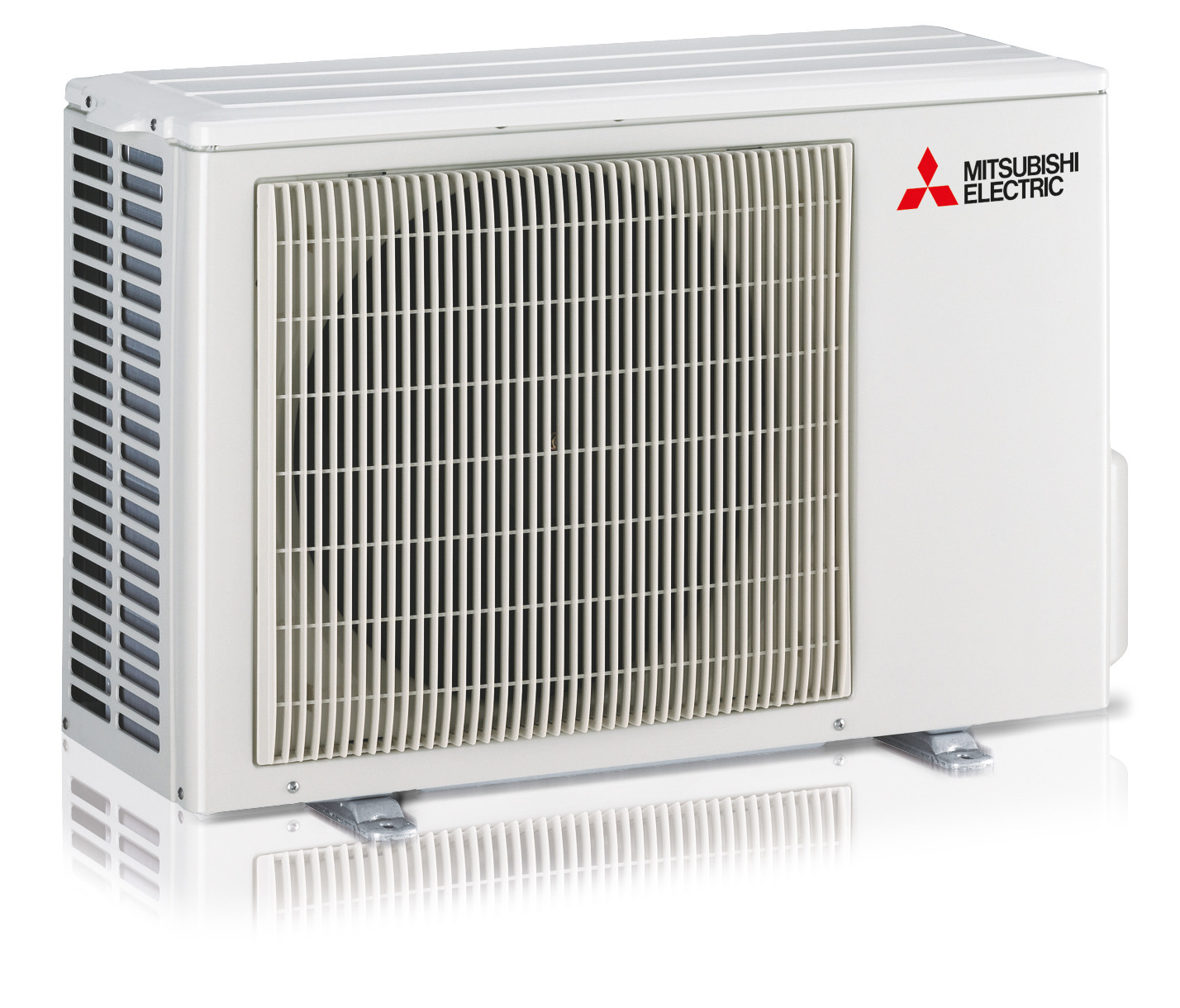 Unità esterna bianca Mitsubishi Electric con grande griglia verticale e prese d'aria.