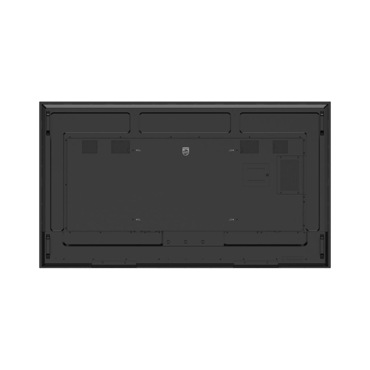 Vista posteriore di un display Philips nero con prese d'aria e porte visibili.