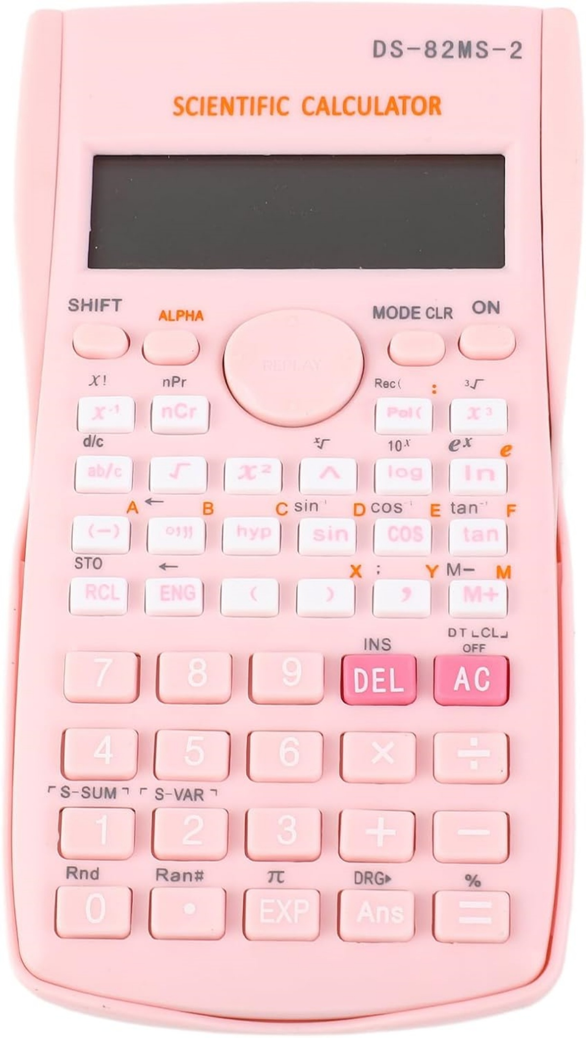 Ein pinker wissenschaftlicher Taschenrechner mit Bildschirm und vielen Tasten.