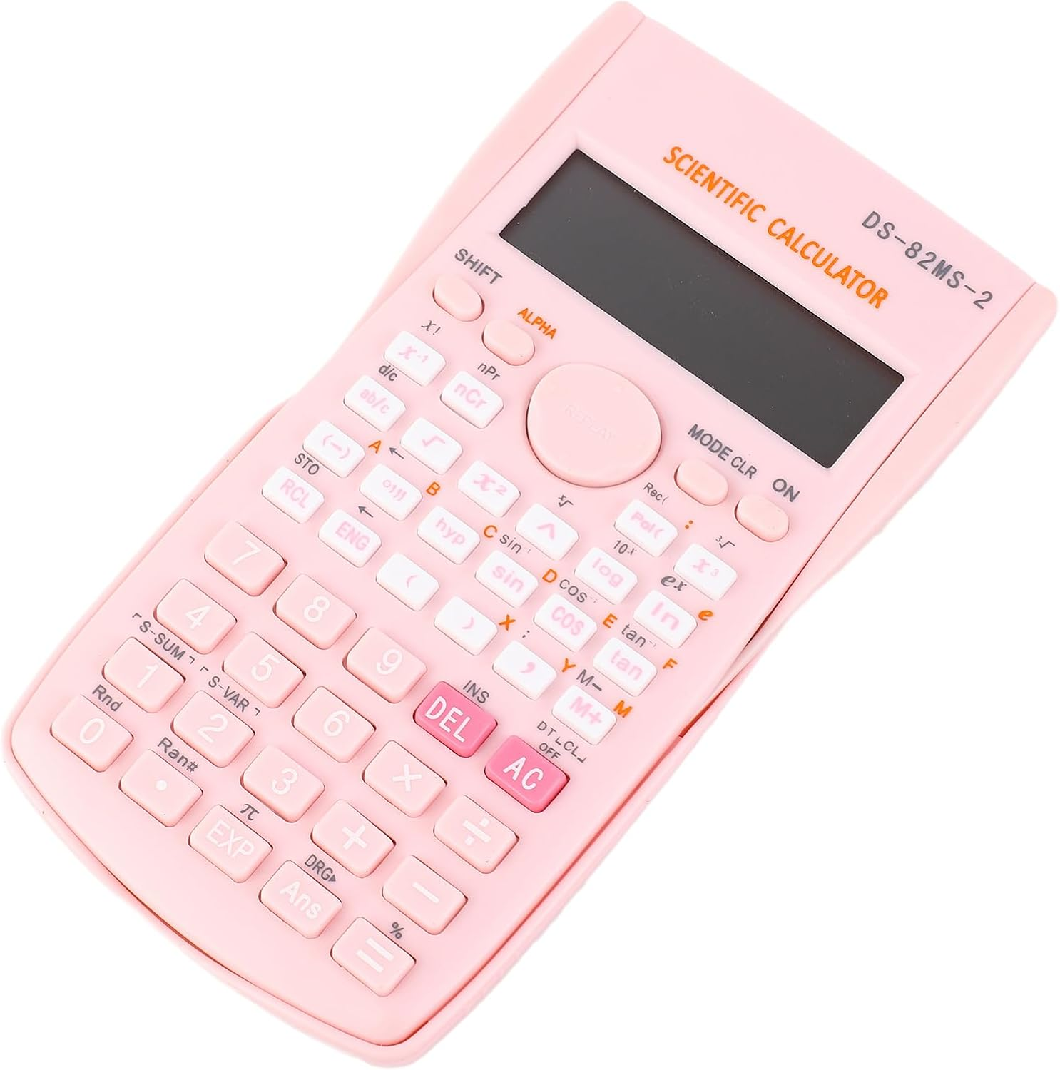 Ein pinker wissenschaftlicher Taschenrechner, Modell DS-82MS-2, liegt auf weißem Grund.