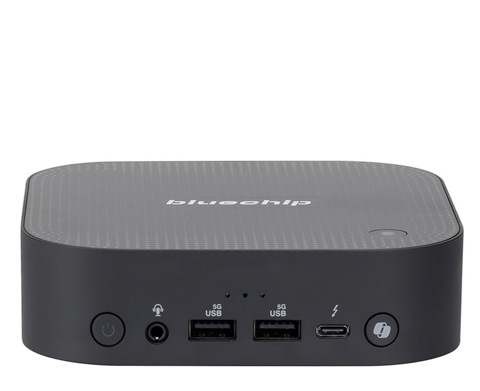 Un computer nero con porte USB e pulsante di accensione.