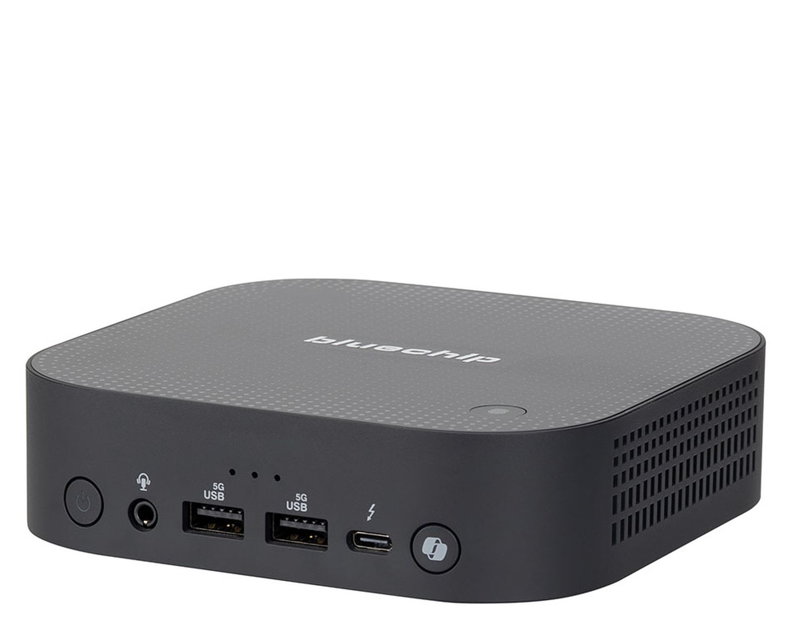 Un mini PC nero Bluechip con porte USB, jack audio e pulsante di accensione.