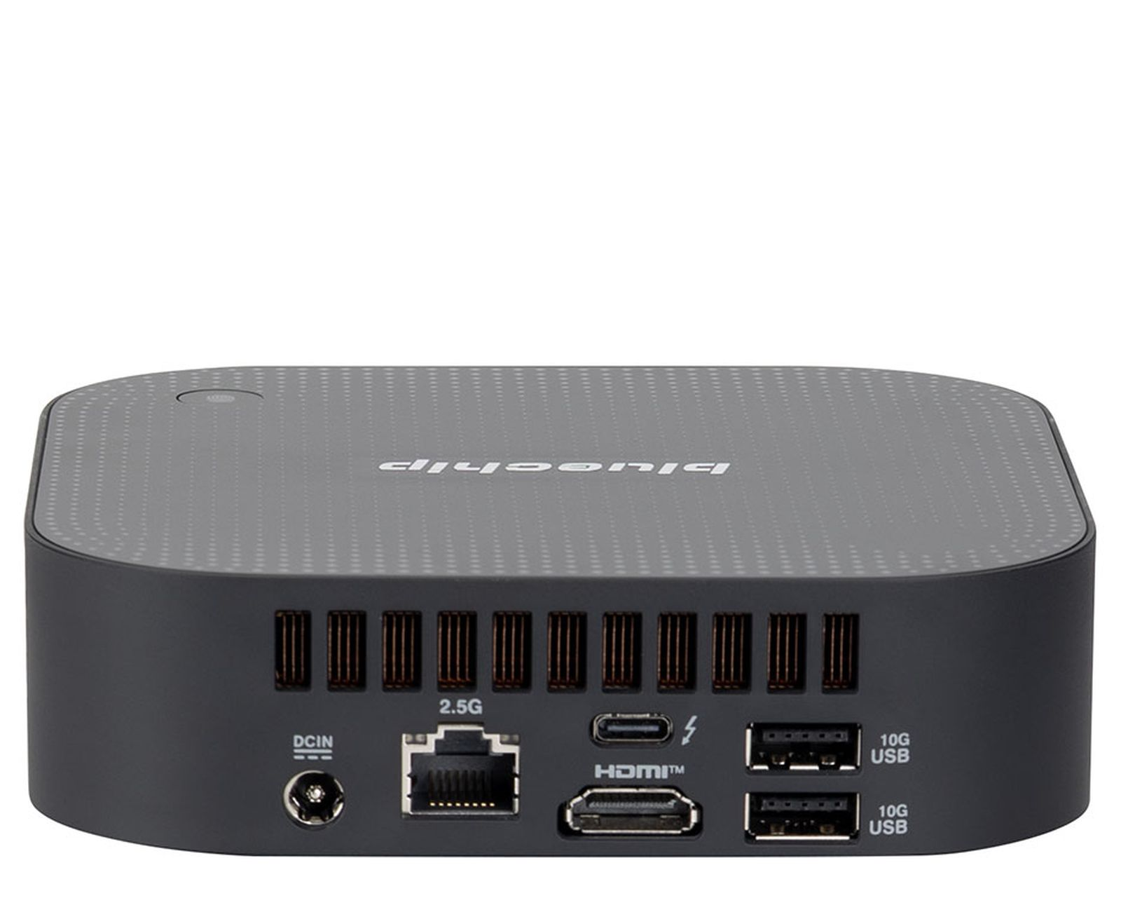 Dispositivo nero con porte: DCIN, Ethernet 2.5G, USB-C, HDMI, due USB 10G.