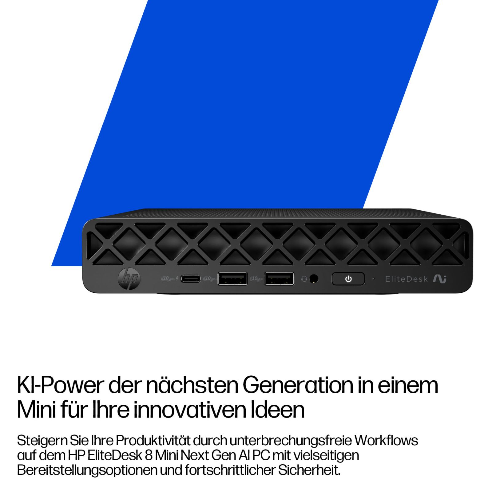 Un PC Mini HP EliteDesk nero con più porte su una superficie blu e bianca.