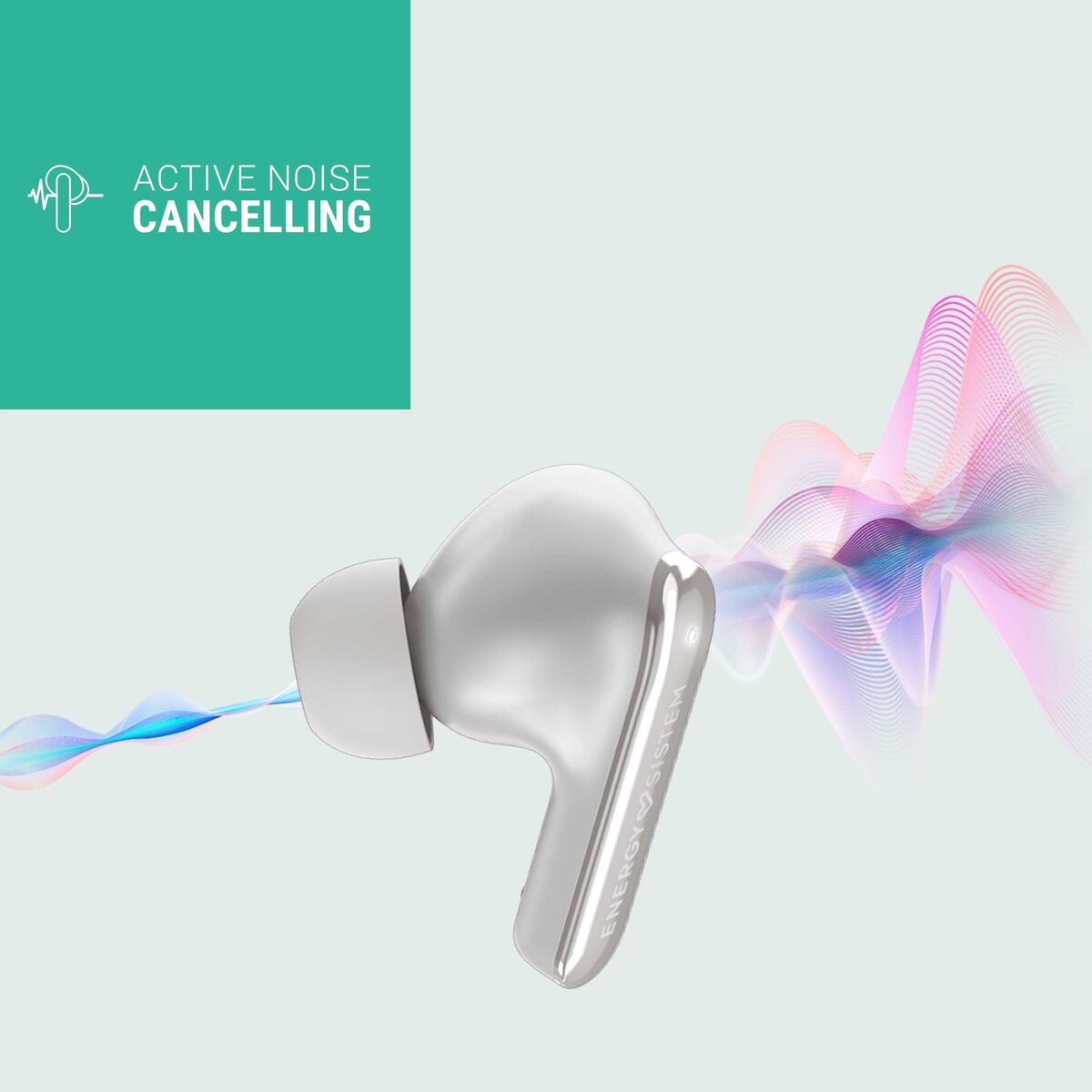 Un auricolare bianco con cancellazione attiva del rumore e onde sonore colorate.