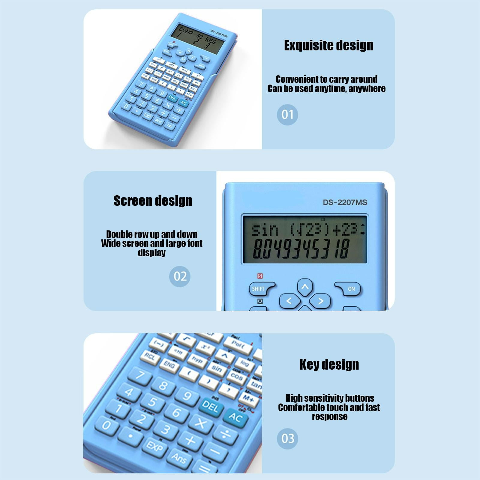 Ein hellblaues Taschenrechner-Display zeigt eine mathematische Formel und das Ergebnis 8.049345318.