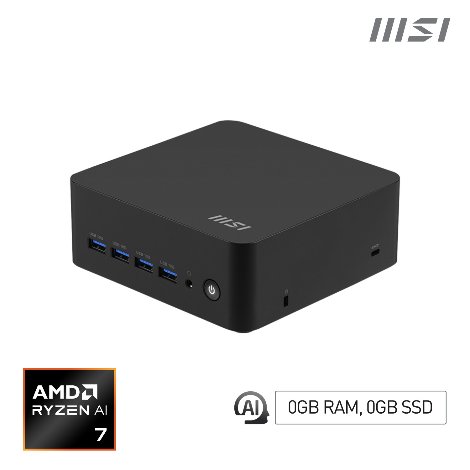 Mini PC MSI nero con porte USB 10G, pulsante di accensione e logo AMD Ryzen AI 7.