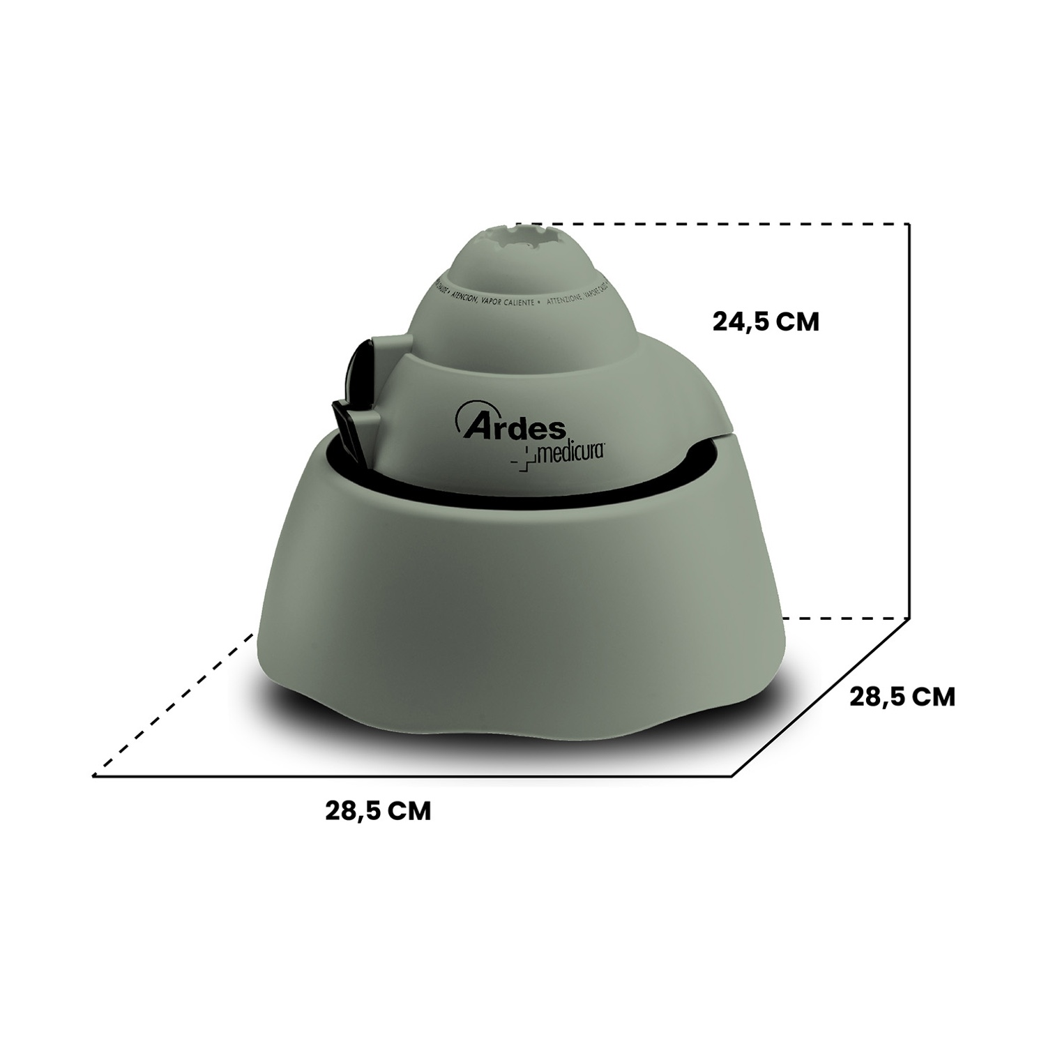 Un humidificador verde claro con dimensiones de 28,5x28,5x24,5 cm.