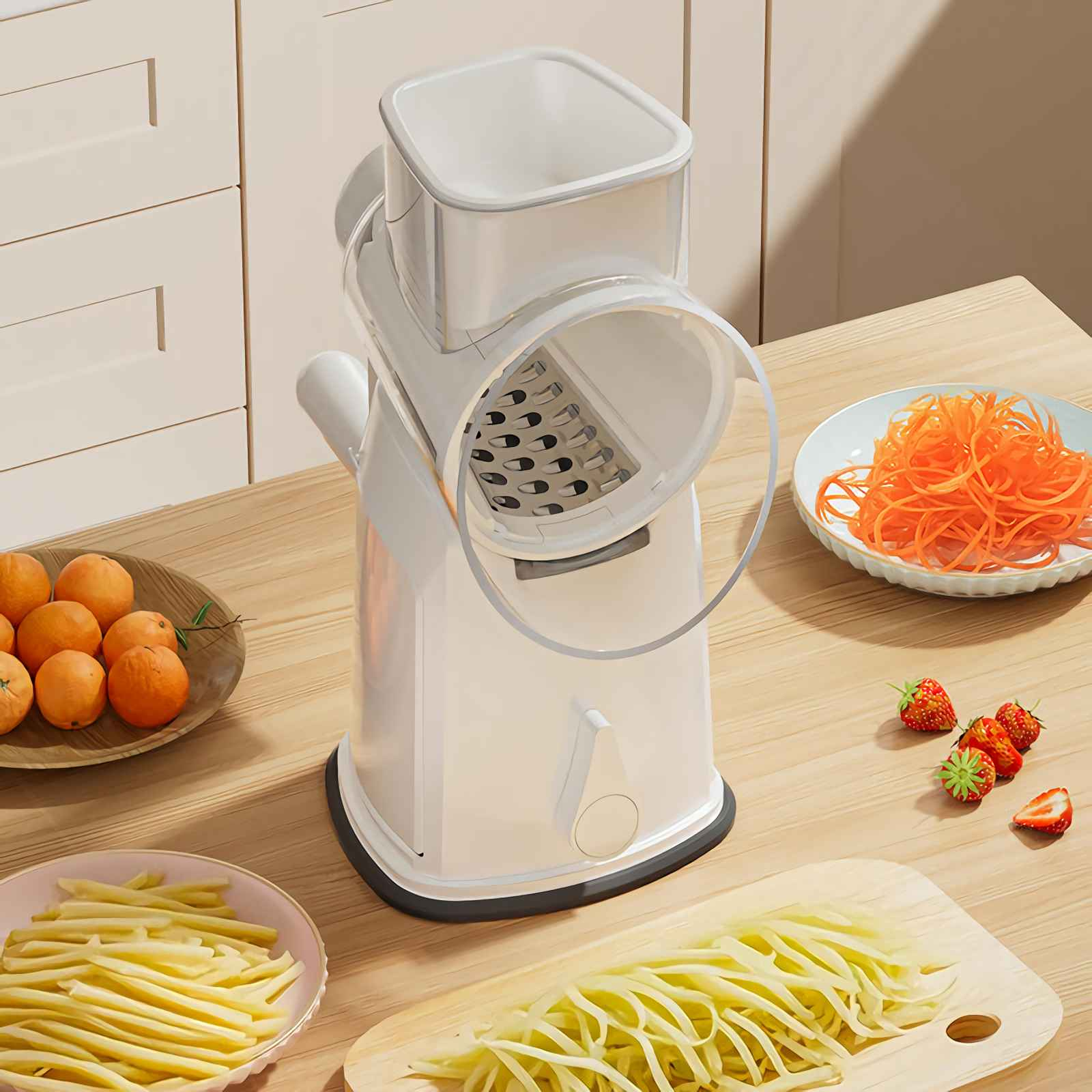 Ein weißer Gemüseschneider mit Orangen, Erdbeeren und geschnittenem Gemüse.