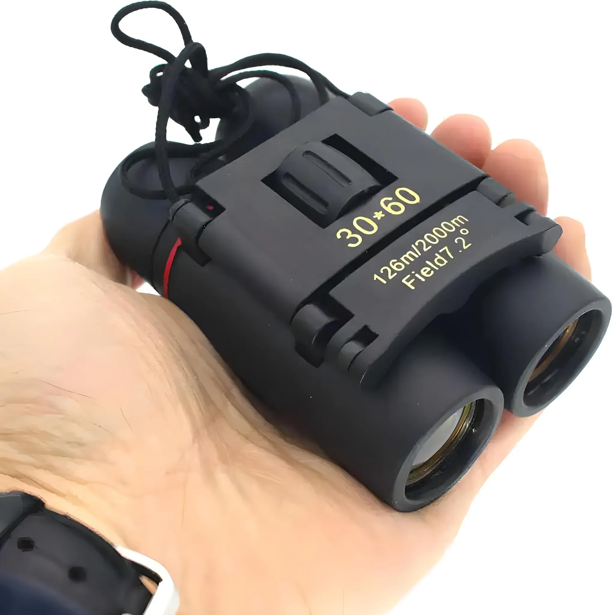 Eine schwarze, kompakte Fernglas mit Nackengurt wird in einer Hand gehalten.