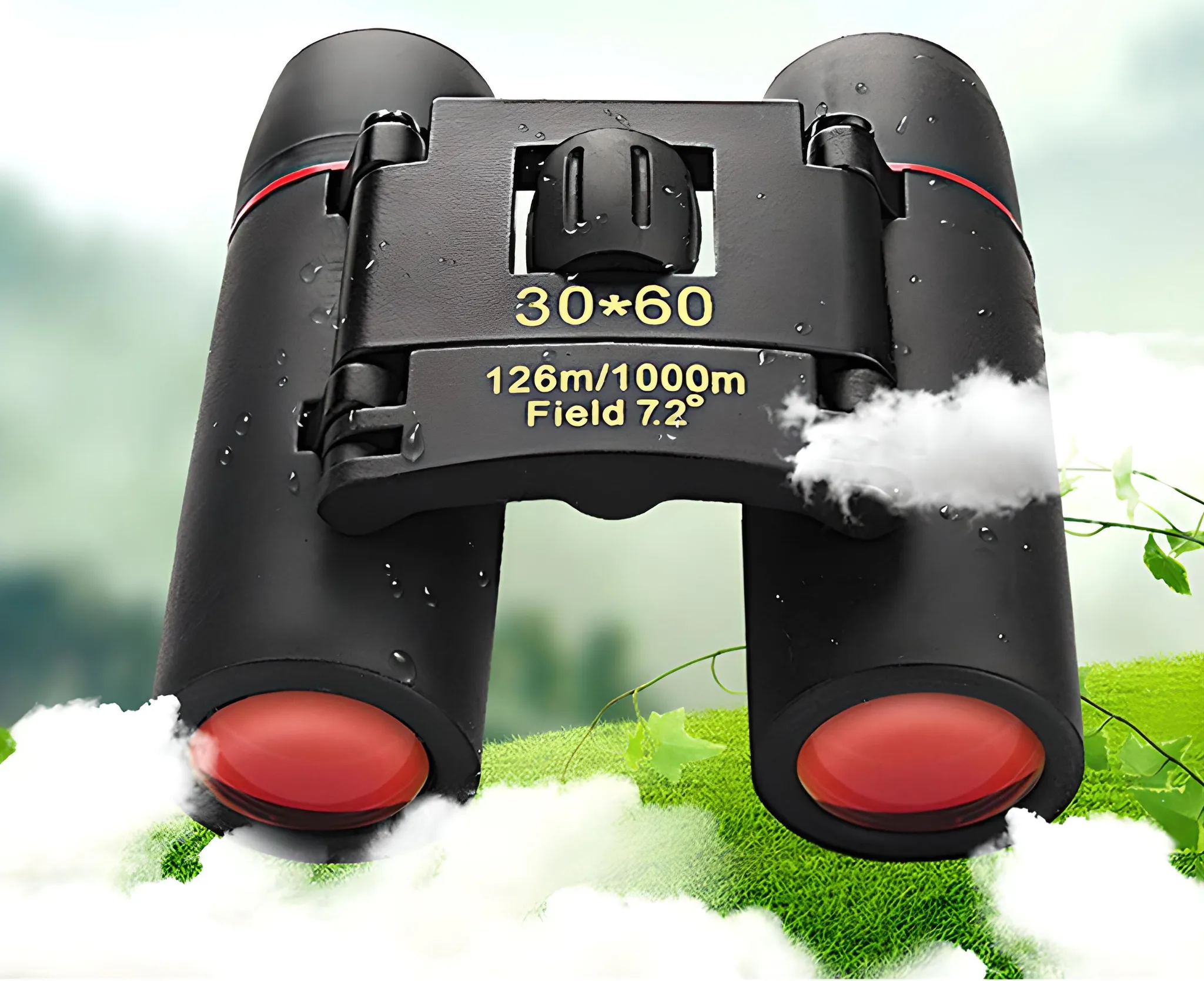 Schwarze Fernglas mit roten Linsen auf grünem Gras mit Wolken.