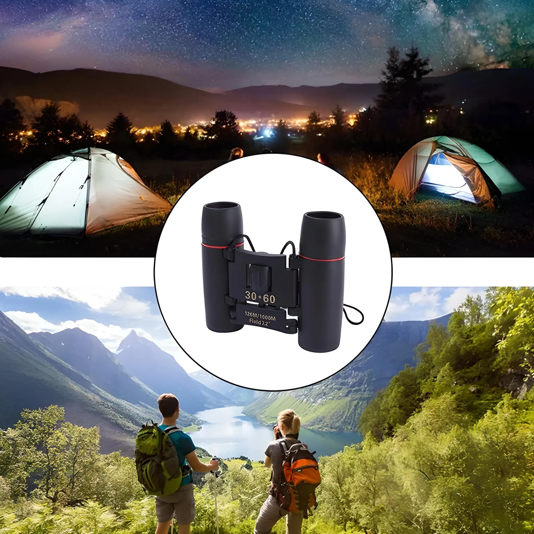 Fernglas in der Mitte, mit Camping bei Nacht und Wandern in Berg-Szenen.