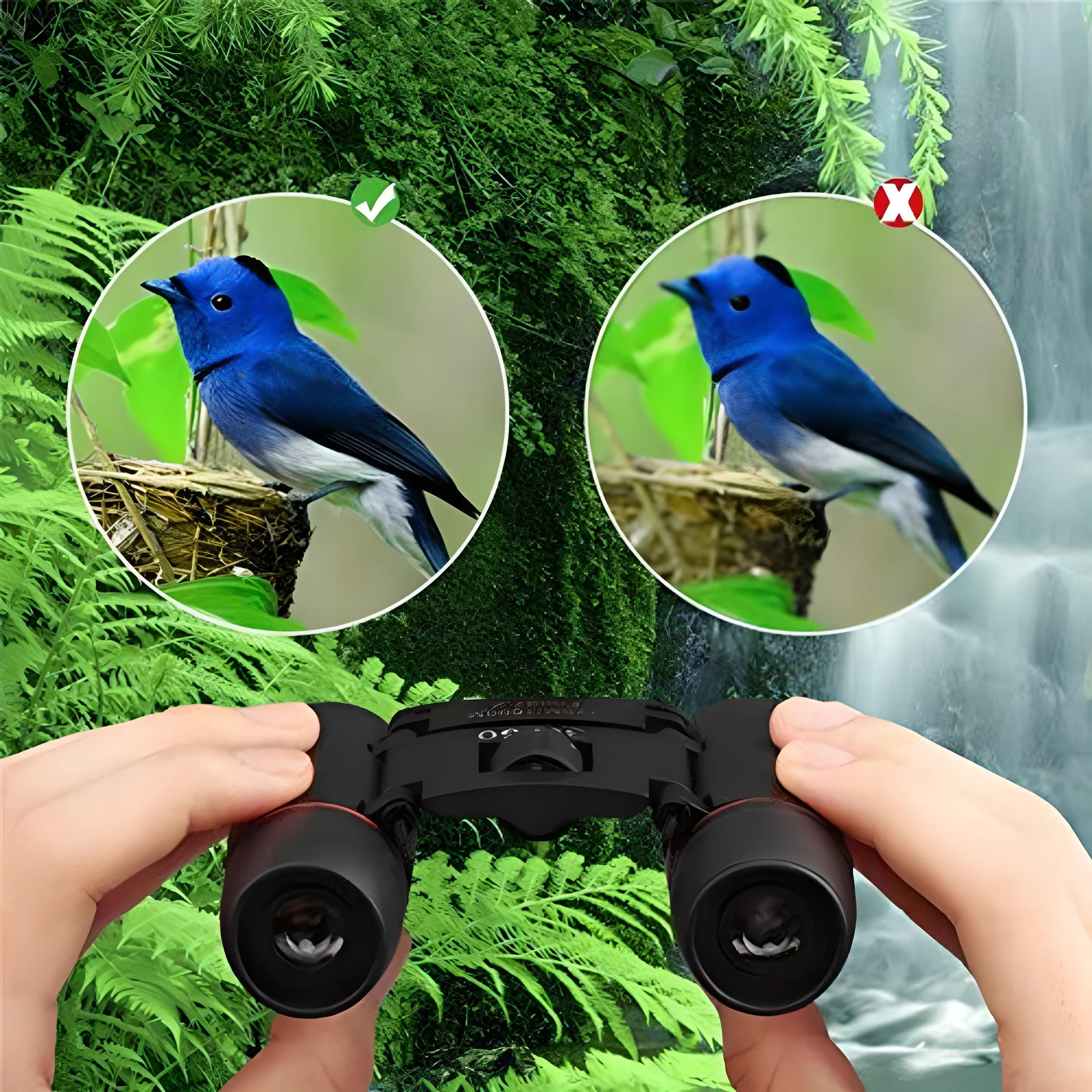 Hände halten Fernglas auf einen blauen Vogel in einem Nest fokussiert, mit Wasserfall im Hintergrund.