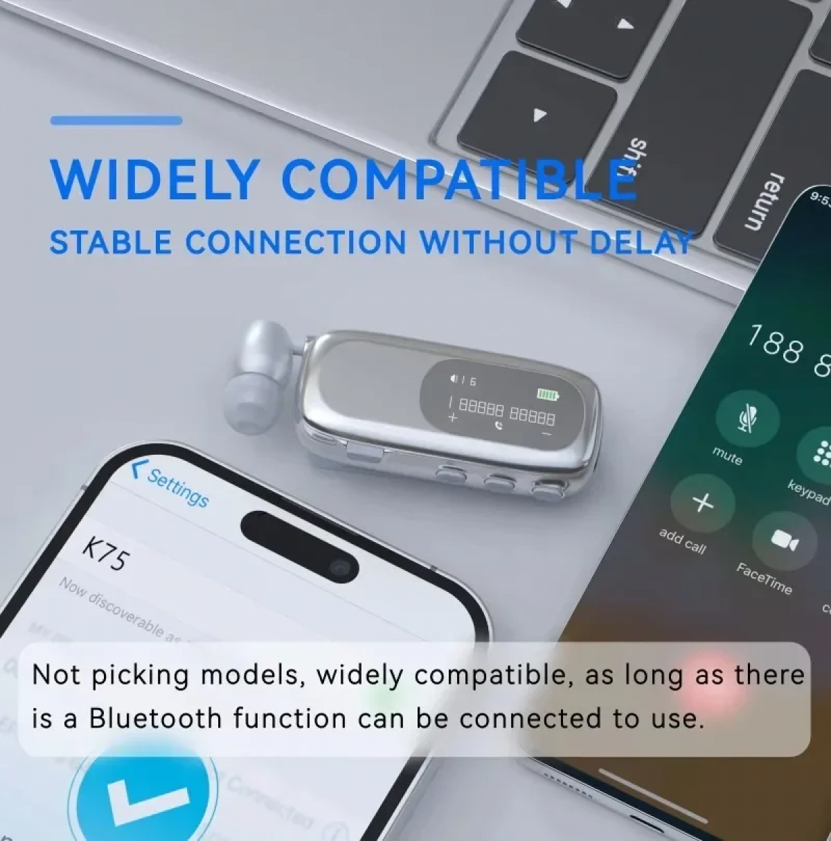 Silbernes Bluetooth-Ohrstück neben iPhone und Laptop. Text: Weitgehend kompatibel.
