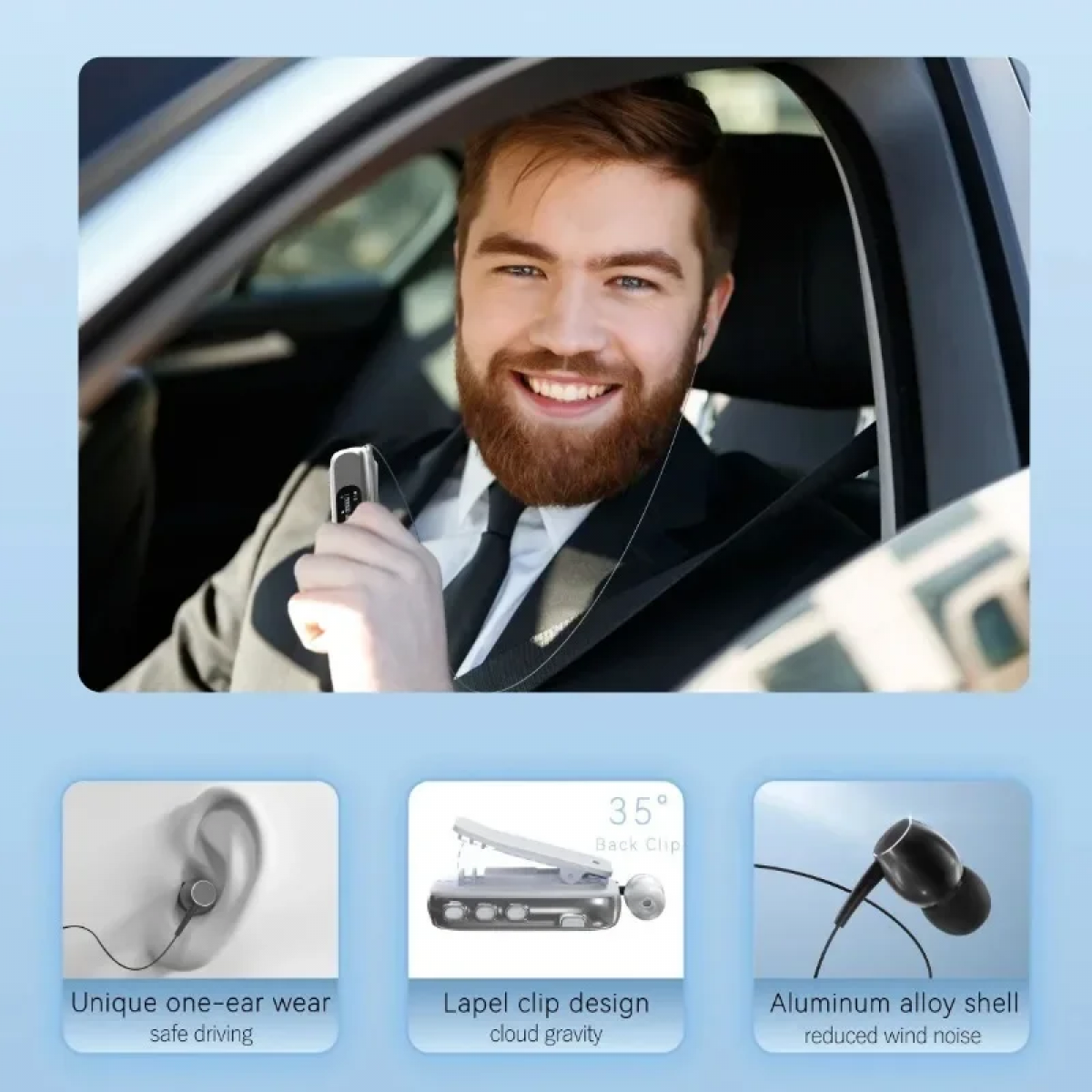 Mann im Auto hält Ohrhörer. Merkmale: Ein-Ohr-Tragen, Reversclip, Legierungsschale.