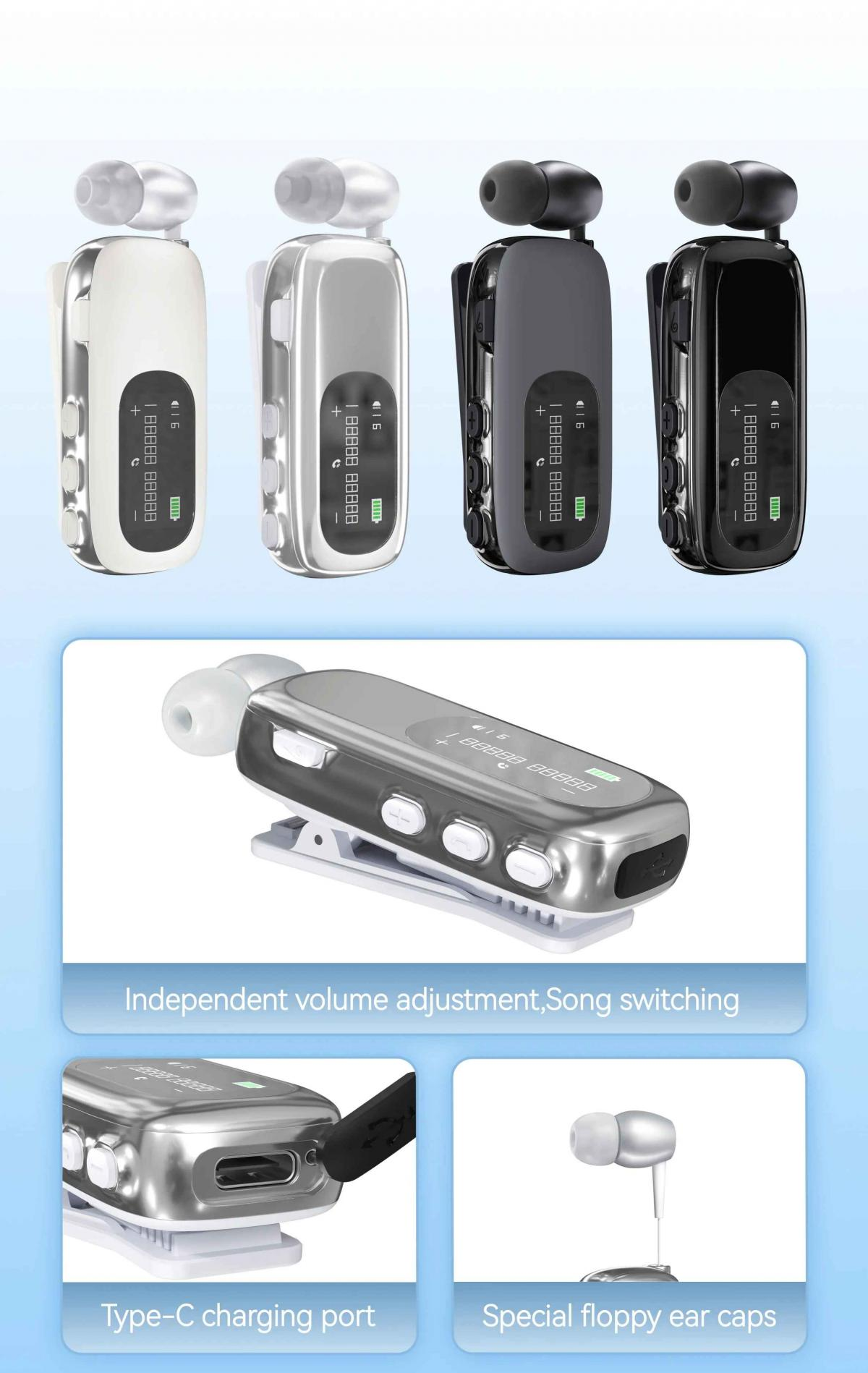 Vier Bluetooth-Ohrhörer in Weiß, Silber, Grau und Schwarz mit Ladebox.