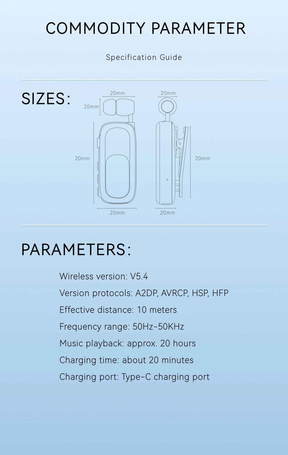Diagramme zeigen Ohrhörer- und Ladehüllenabmessungen. Parameter listen drahtlos V5.4, 10m Reichweite, 20h Wiedergabe.