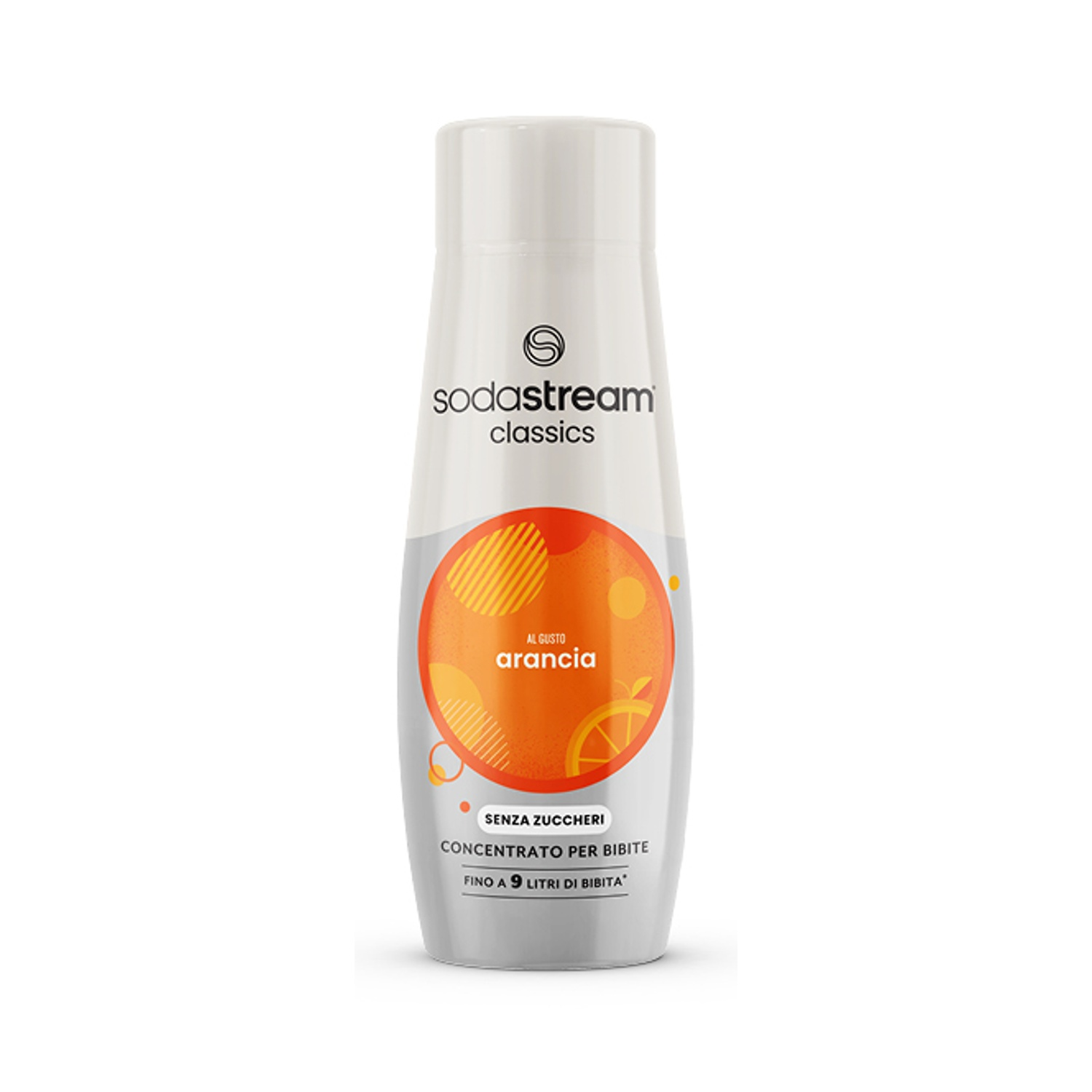 Una bottiglia di sciroppo Sodastream al gusto arancia, senza zuccheri.