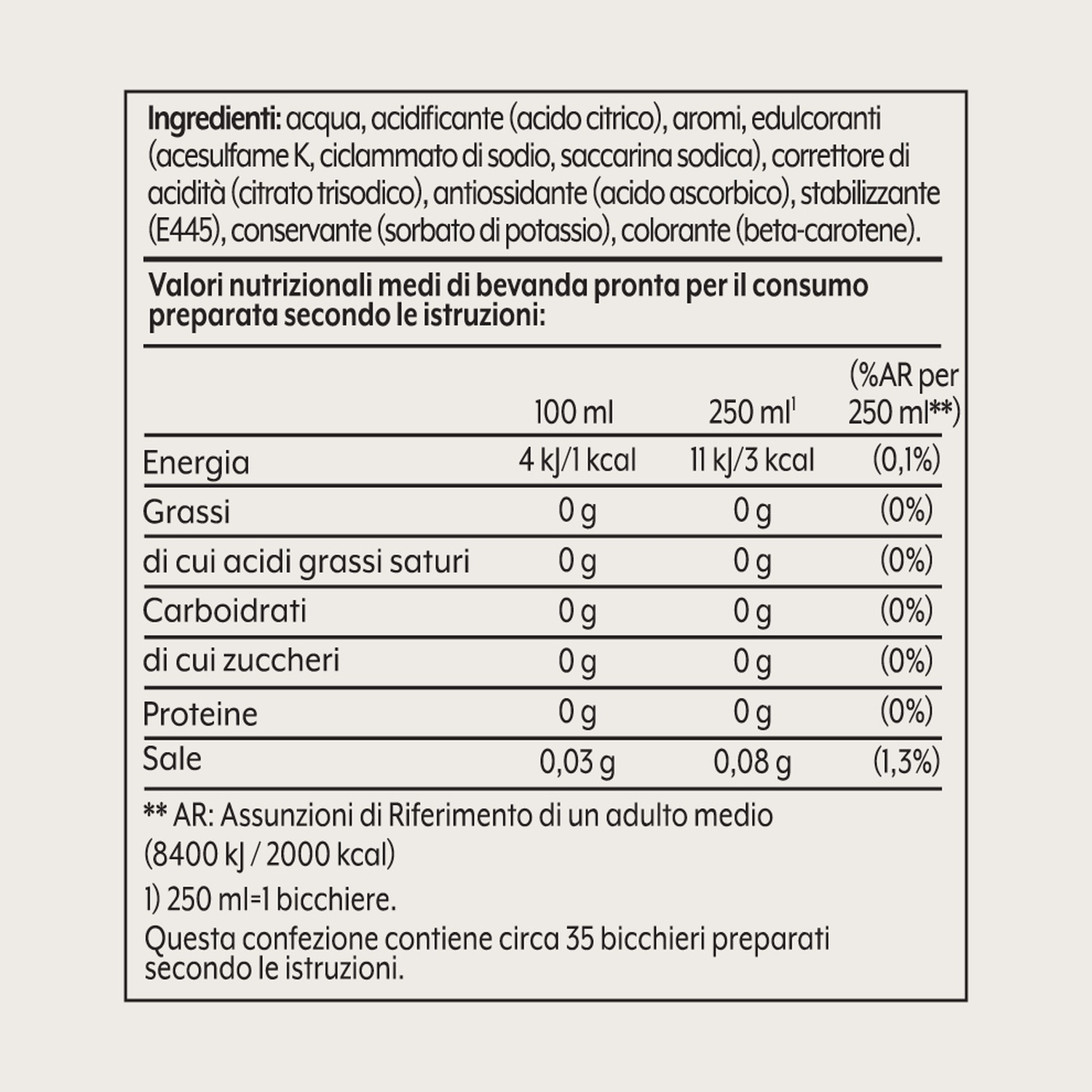 Tabella nutrizionale di una bevanda: Ingredienti, Energia, Grassi, Carboidrati, Proteine, Sale.