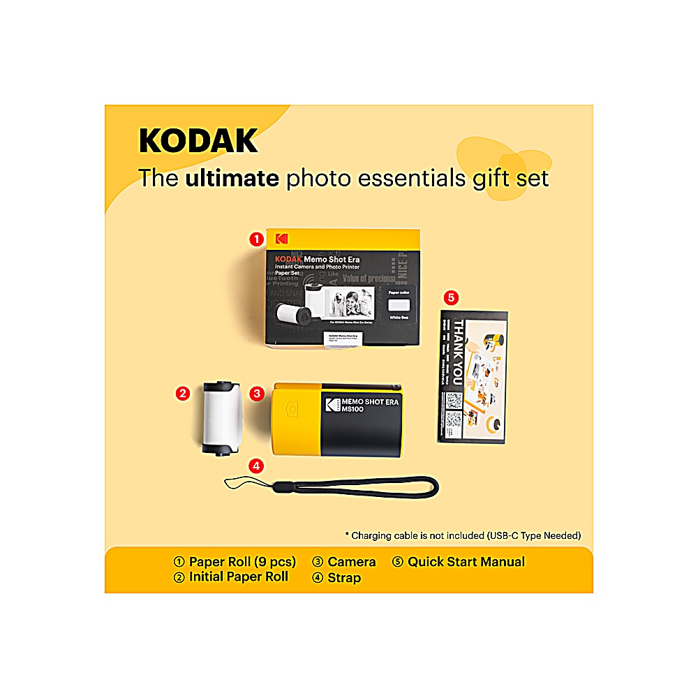 Set regalo Kodak di essenziali per foto: fotocamera, rotoli di carta e manuale.