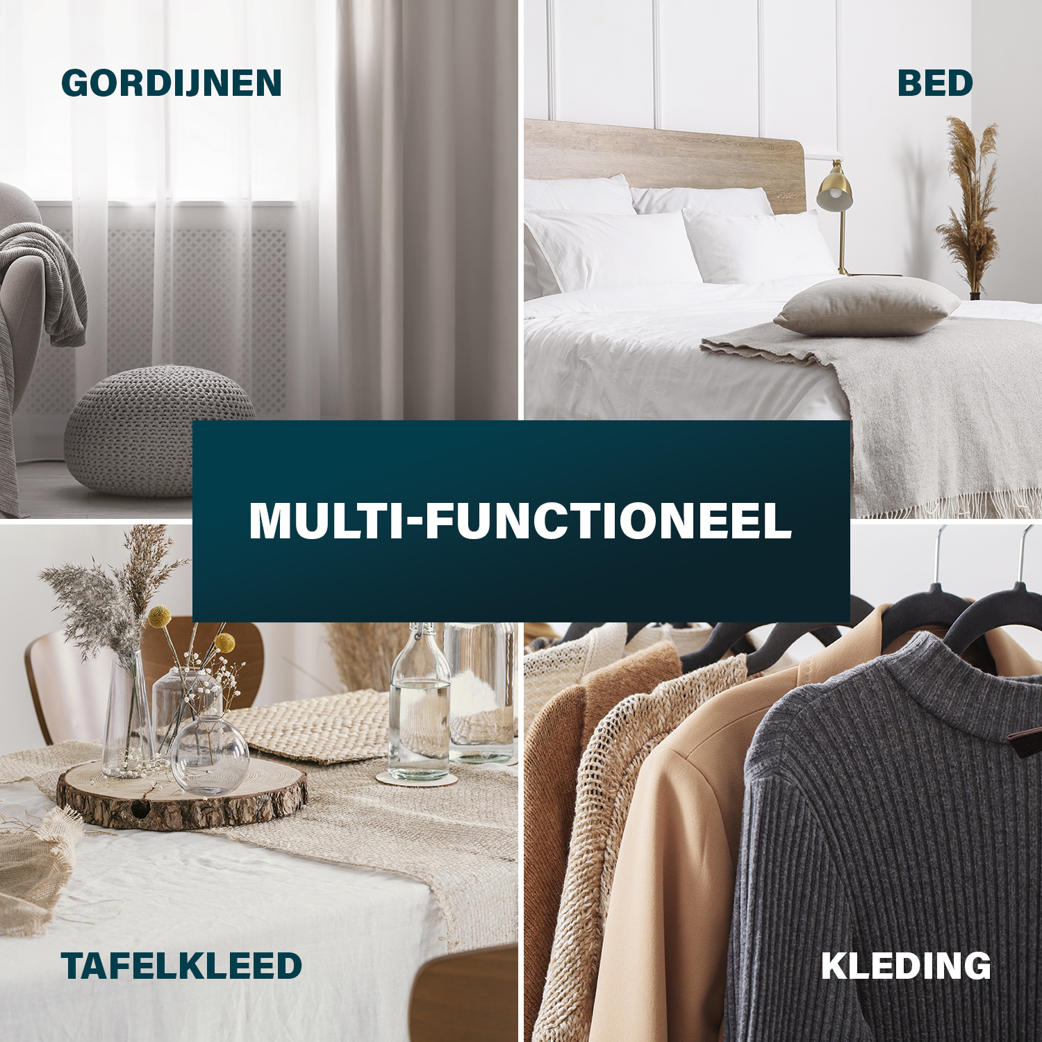 Collage woondecoratie: gordijnen, bed, tafeldecoratie en kleding.