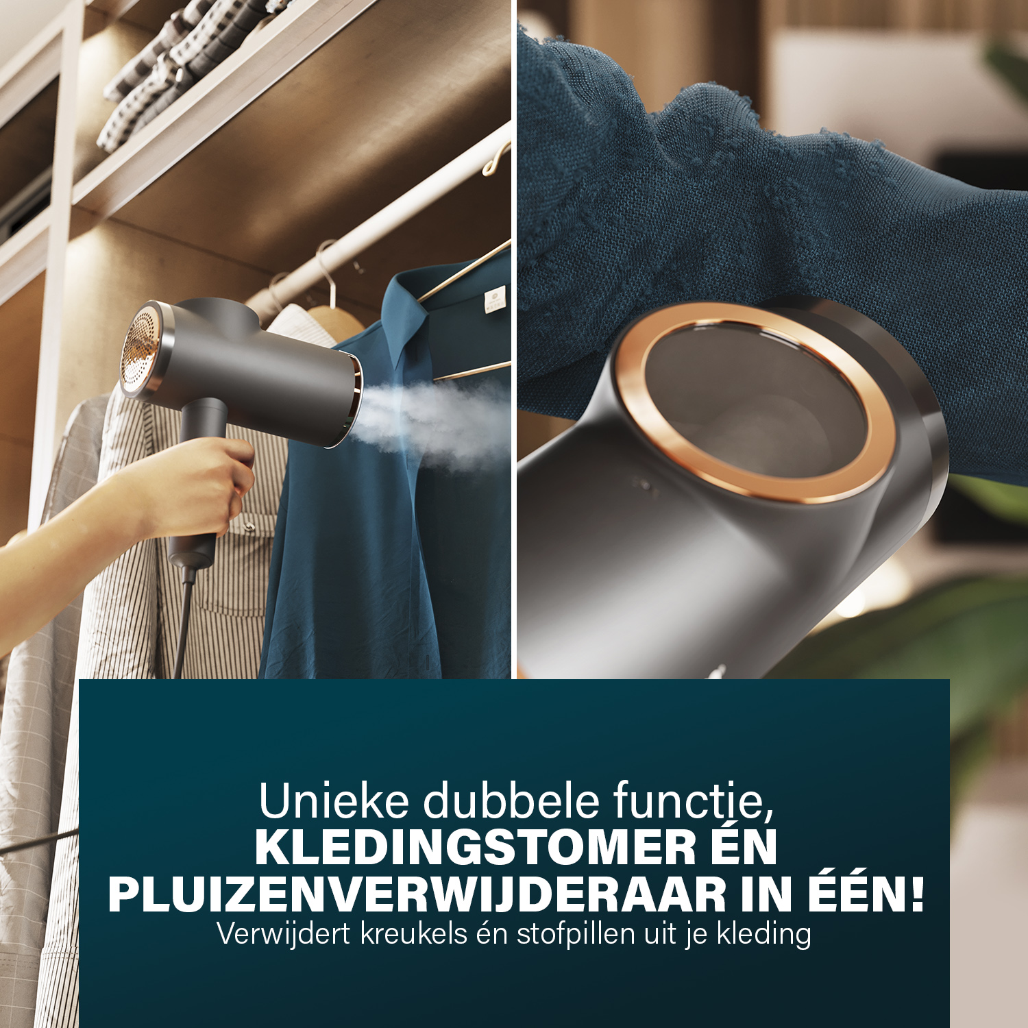 Dubbele functie: kledingstomer en pluizenverwijderaar verwijdert kreukels en pluisjes.