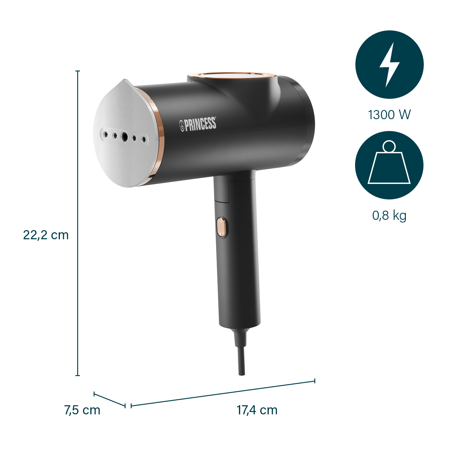 Zwarte Princess handstomer, 22,2cm hoog, 7,5cm breed, 17,4cm lang. 1300W, 0,8kg.