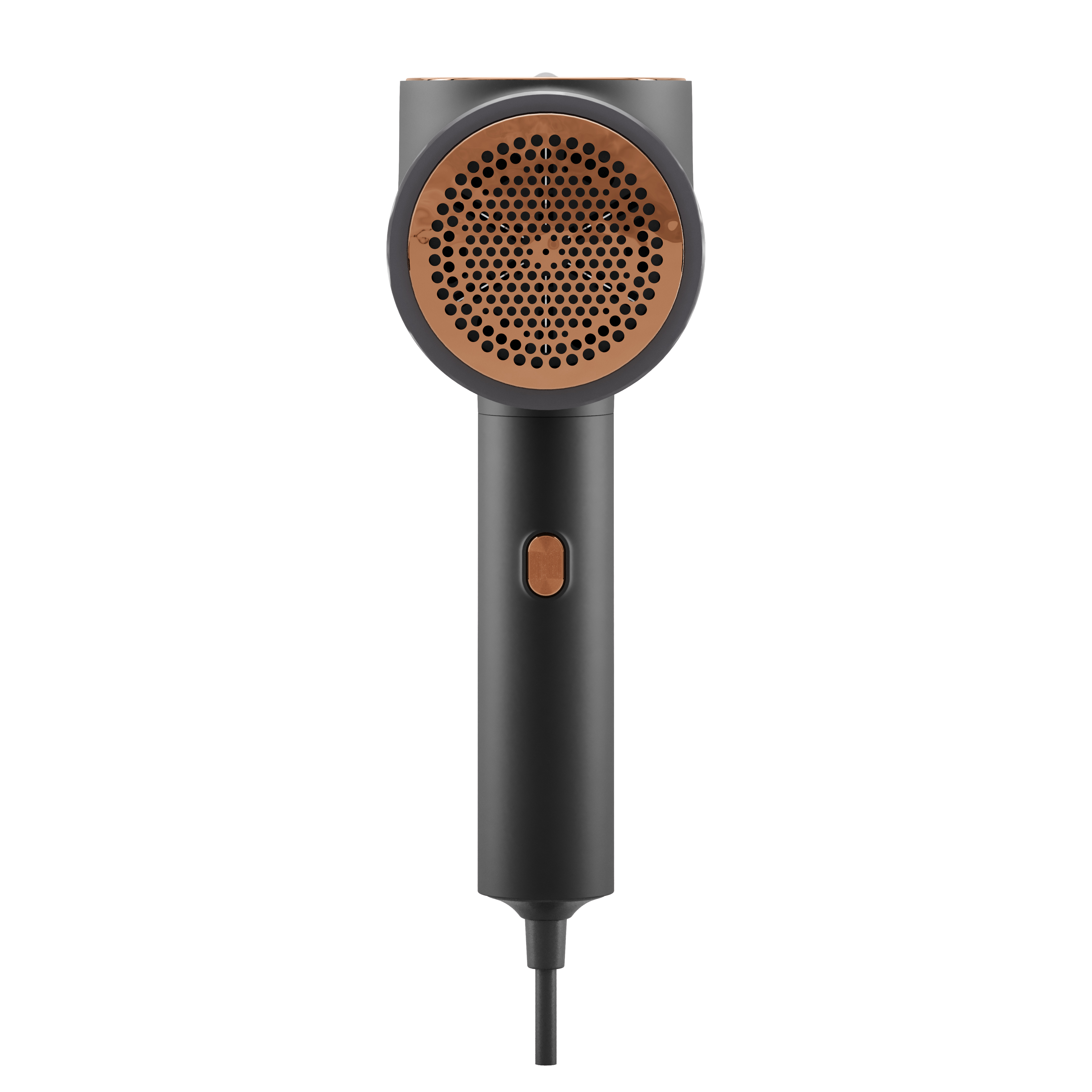 Een zwarte haardroger met een koperkleurig gaas aan de voorkant en één knop.
