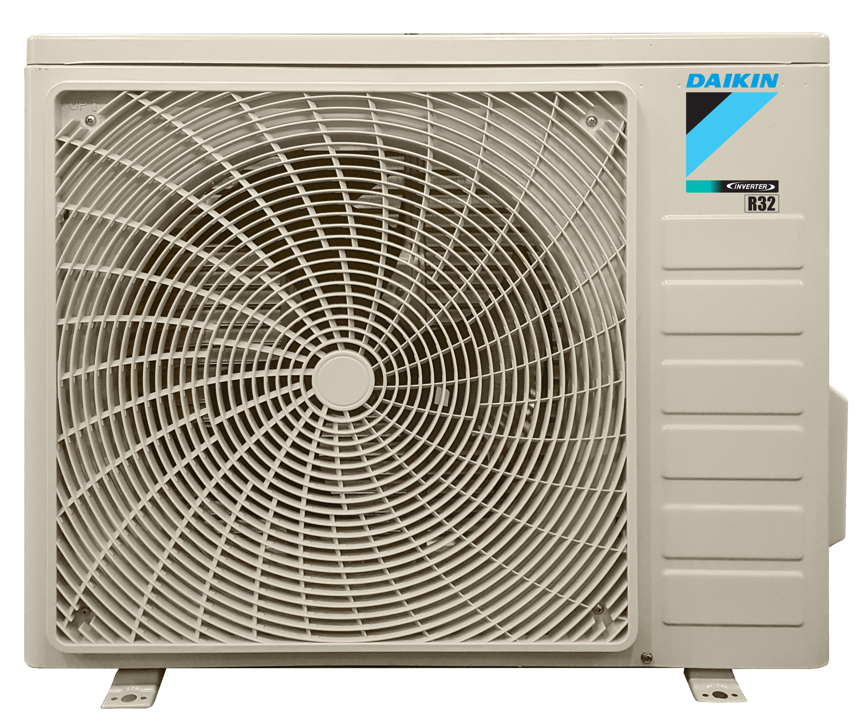 Unità esterna condizionatore Daikin beige con grande griglia ventola e logo.