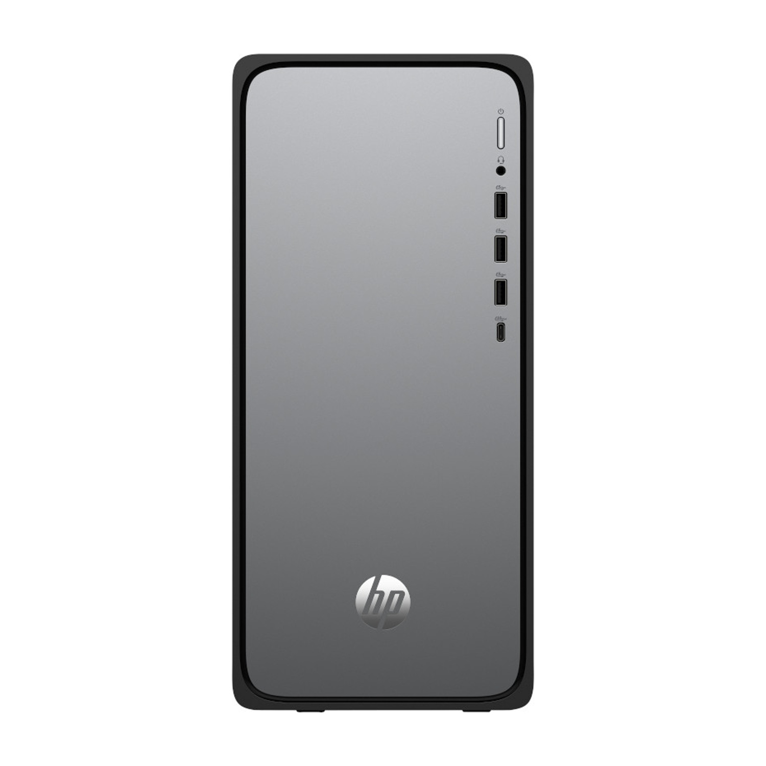 Una torre di computer desktop HP grigia con cornice nera e logo HP.