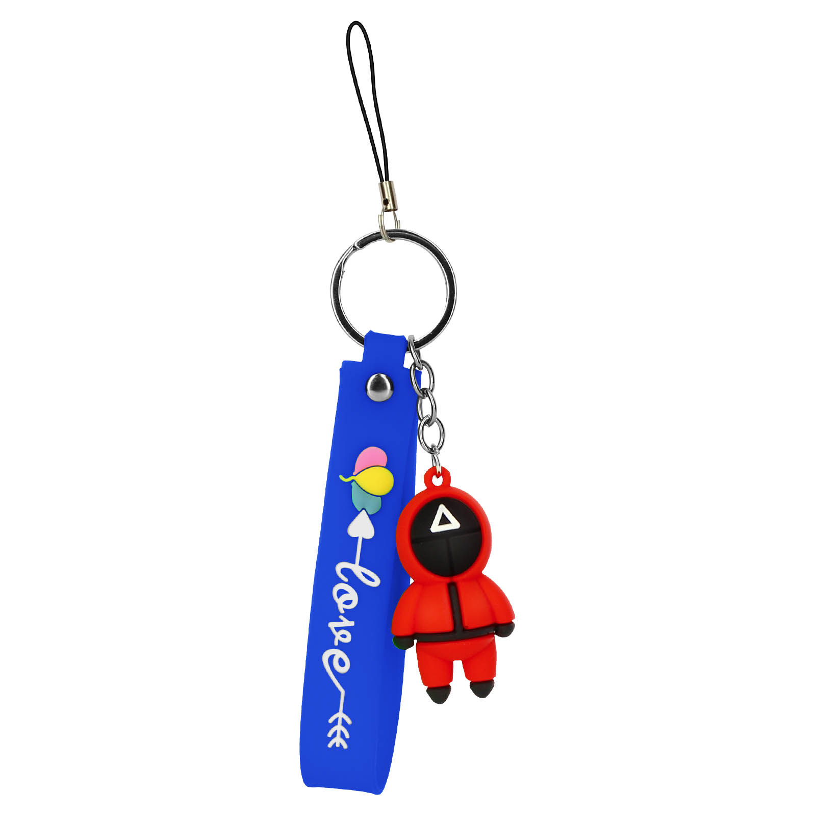 Portachiavi con figura rossa e nastro blu con scritta 'Love'.