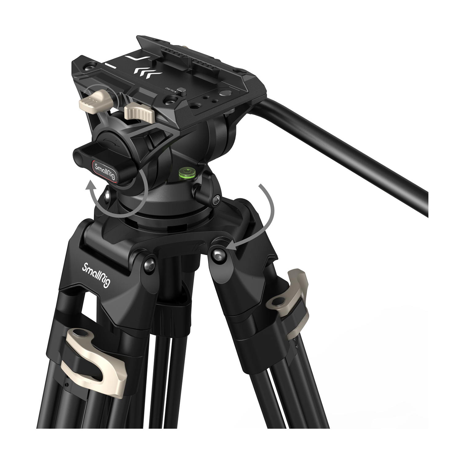 Ein schwarzer SmallRig Stativkopf mit Fluid-Drag-System und Schwenkarm.
