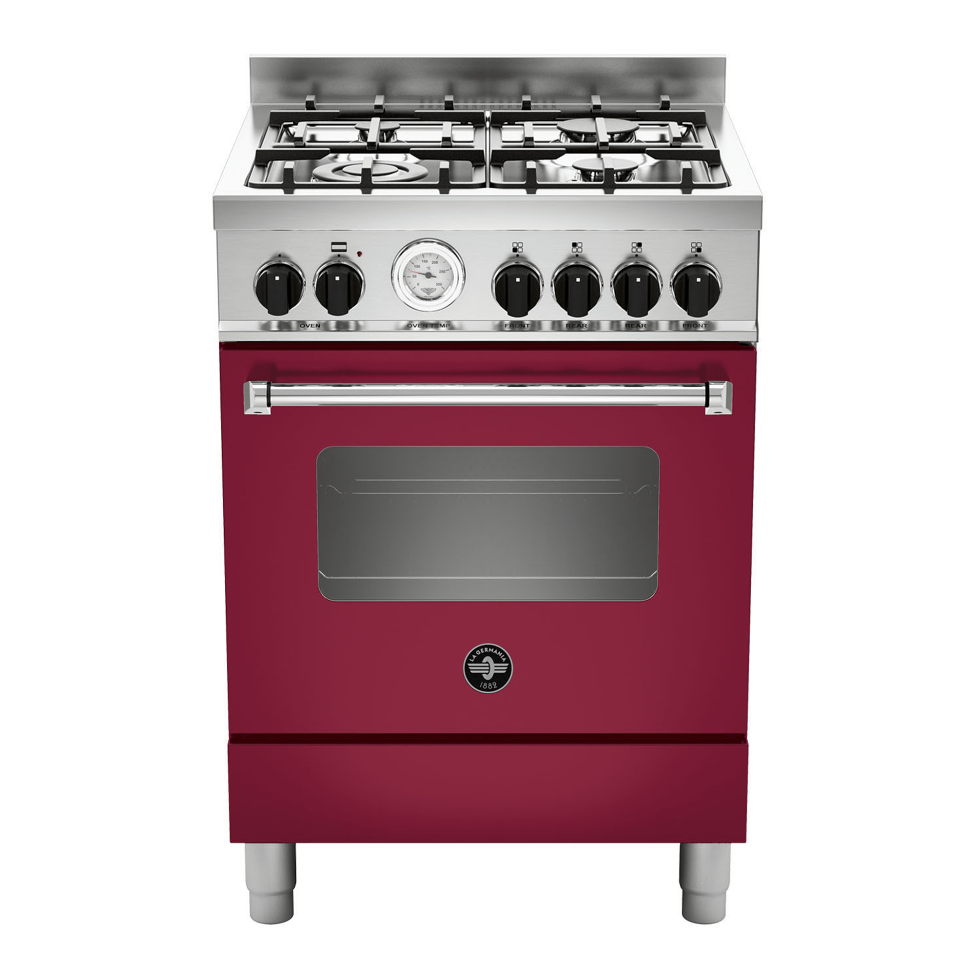 Un forno bordeaux con piano in acciaio inox, bruciatori a gas e forno con finestra.