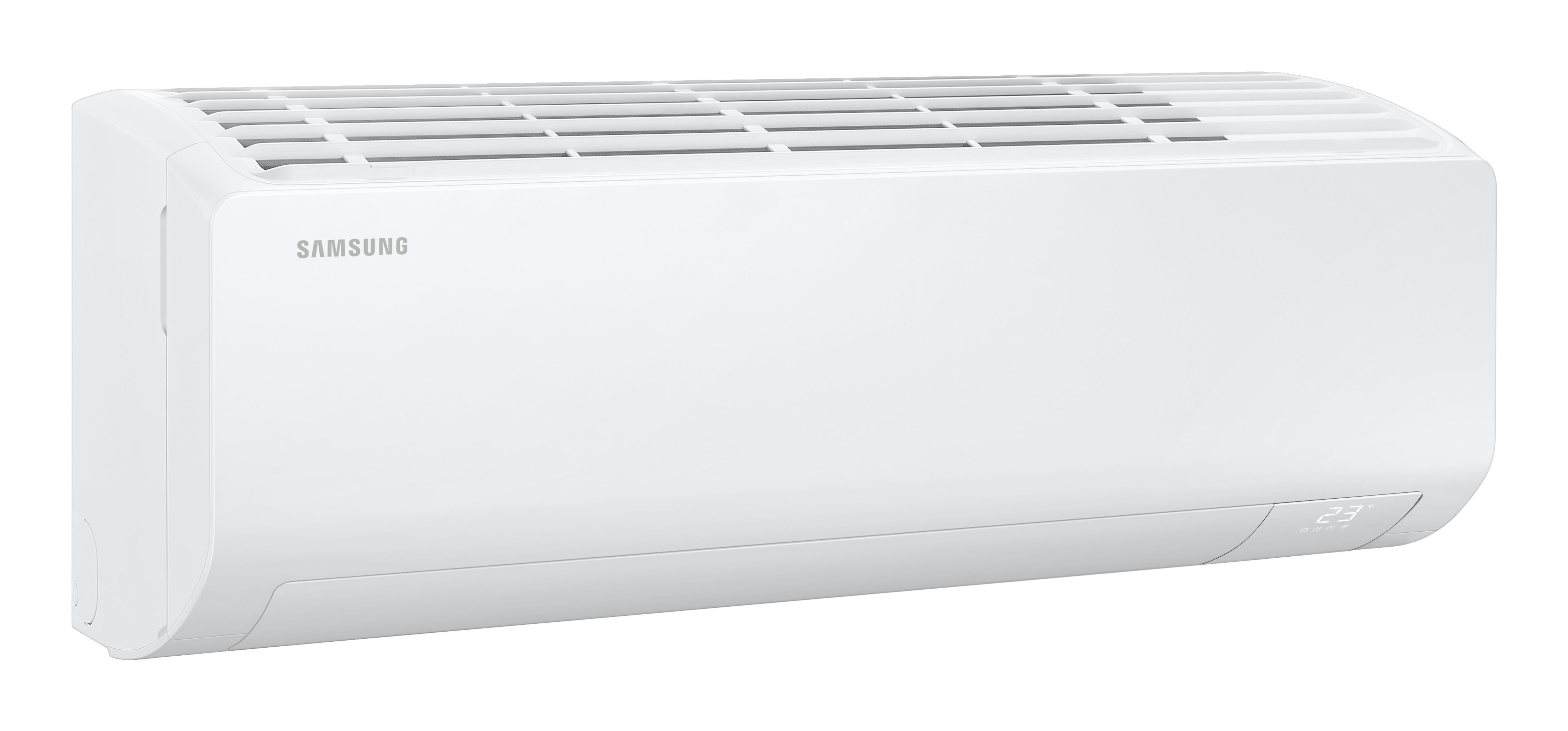 Un condizionatore Samsung bianco montato su sfondo bianco. Ha un display digitale.