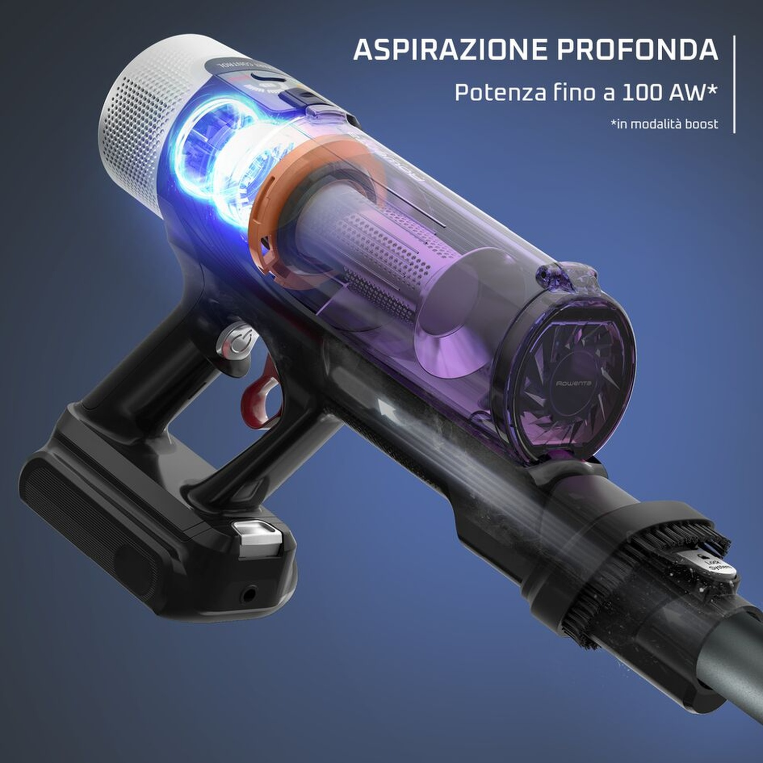 Una aspiradora inalámbrica con depósito transparente y luz azul.