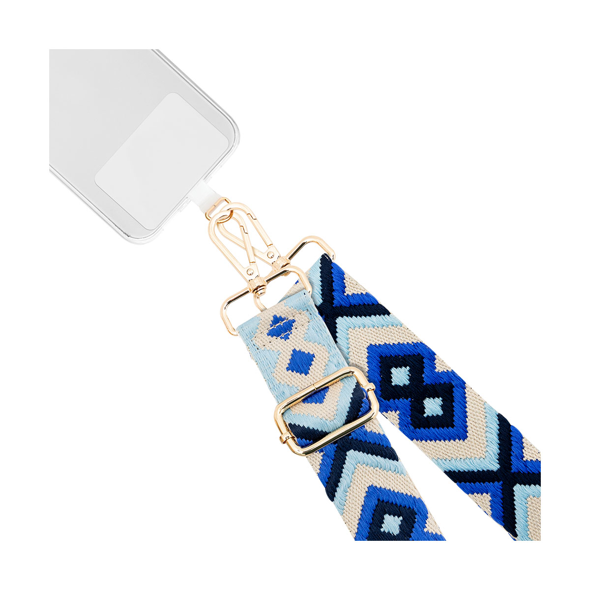 Una custodia per telefono con cinturino fantasia blu, beige e bianco, agganciato da moschettoni dorati.