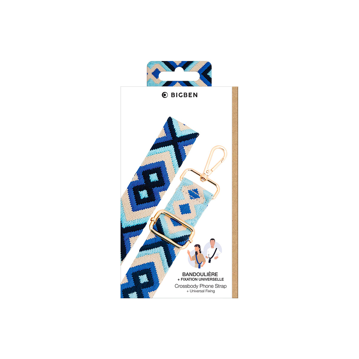 Confezione cinturino per telefono a tracolla Bigben con cinturino a fantasia geometrica blu, beige e nera.