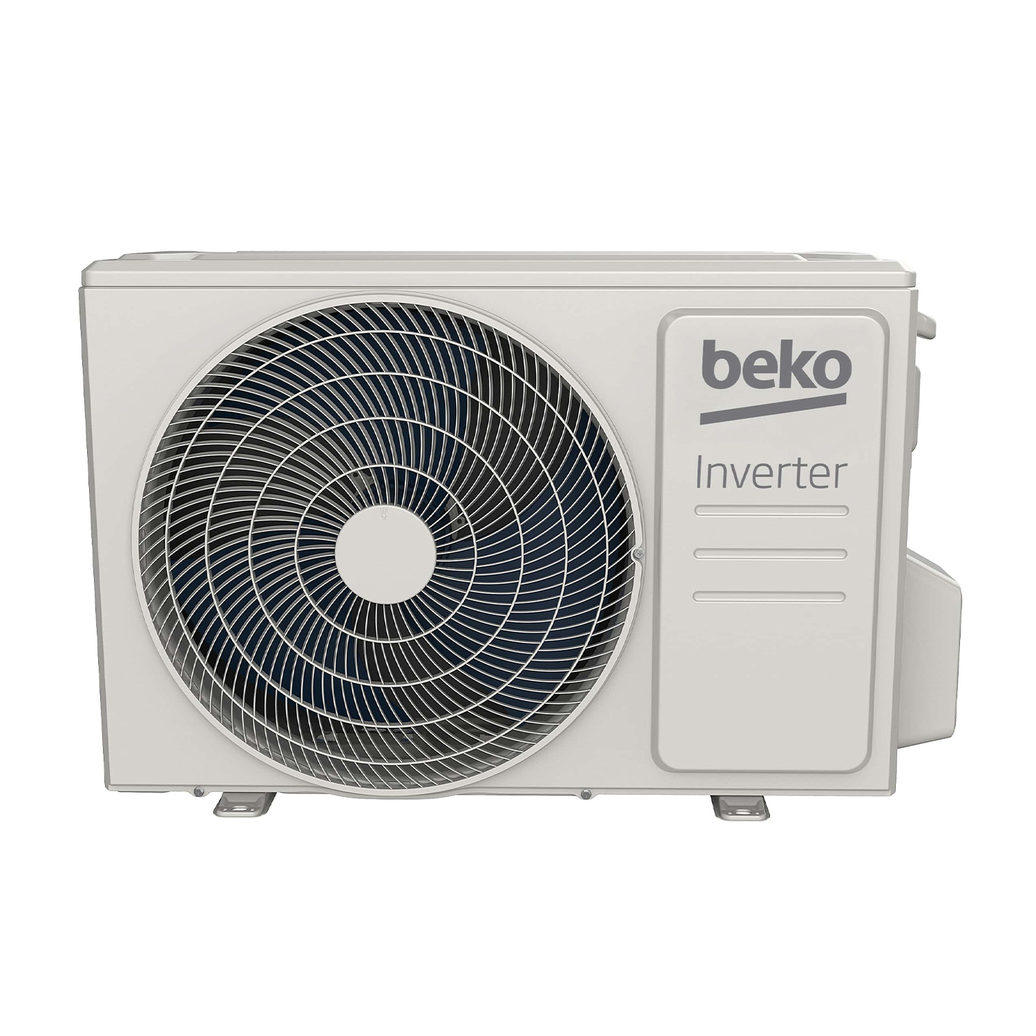 Unità esterna condizionatore Beko bianca con griglia ventola e marchio.