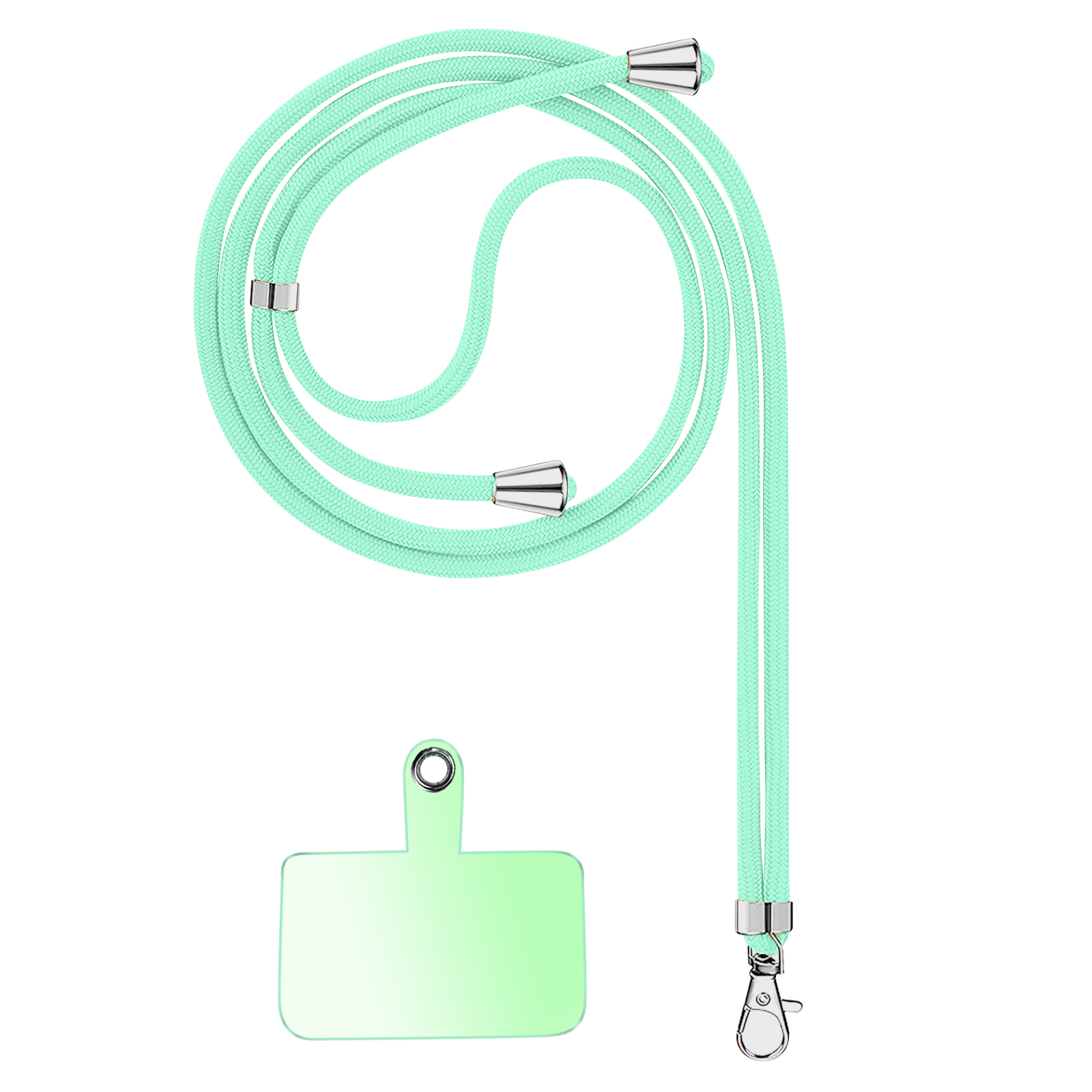 Un cordino verde menta per telefono con finiture argentate e una scheda di attacco.